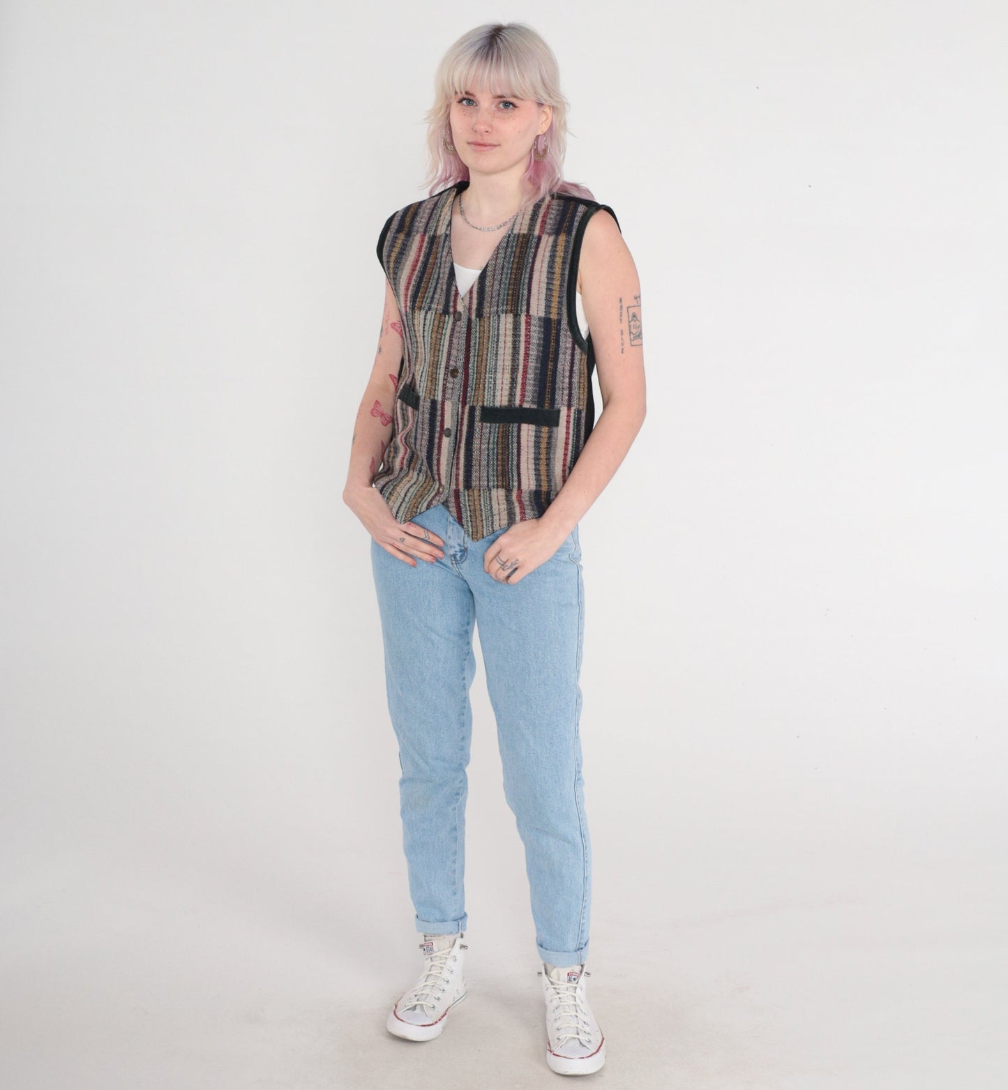 90s Striped Wool Blend Vest Snap Button Sleeveless Knit Small S