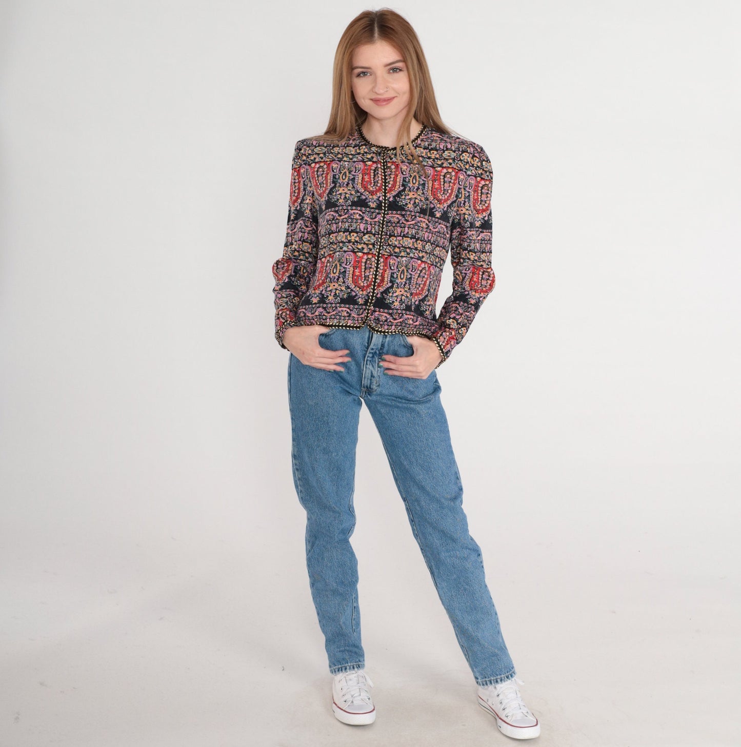 90s Maggie London Silk Blouse Black Paisley Floral Puff Sleeve Medium
