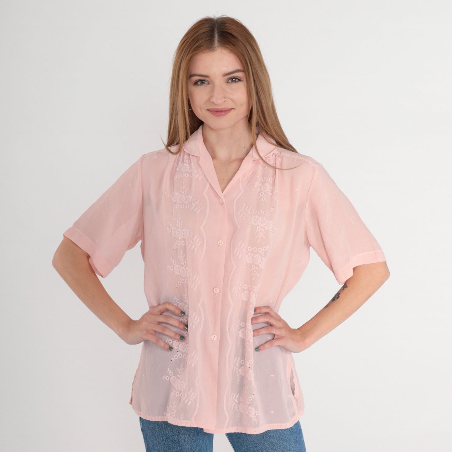 80s Pink Floral Embroidered Blouse Puff Sleeve Button-Up Collared Large