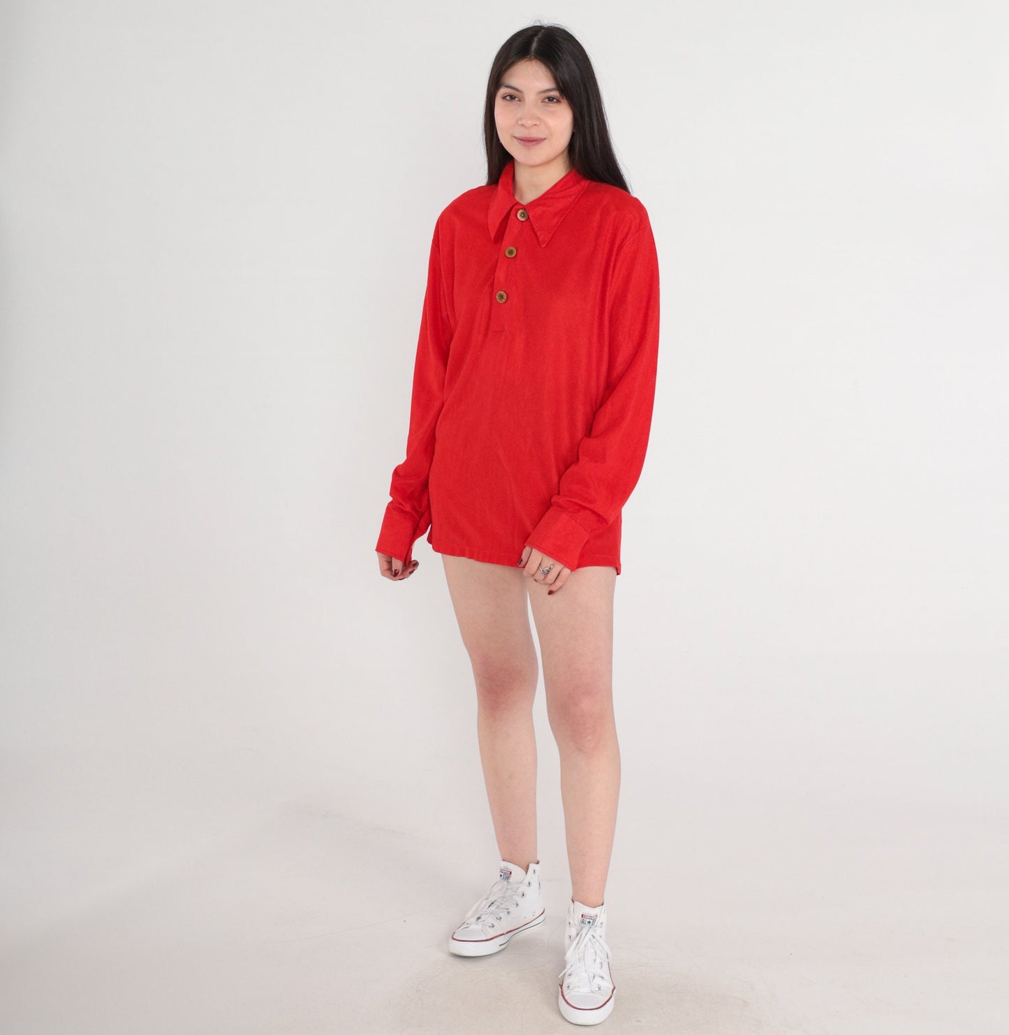 70s Red Velour Polo Shirt Long Sleeve Dagger Collar Quarter Button Large