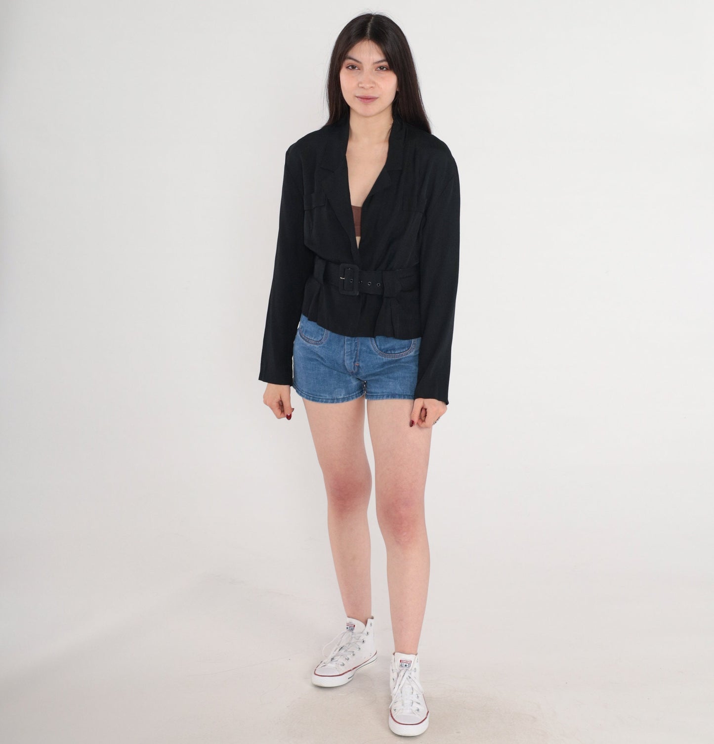 90s Joule Black Blazer Deep V Neck Belted Structured Jacket Small
