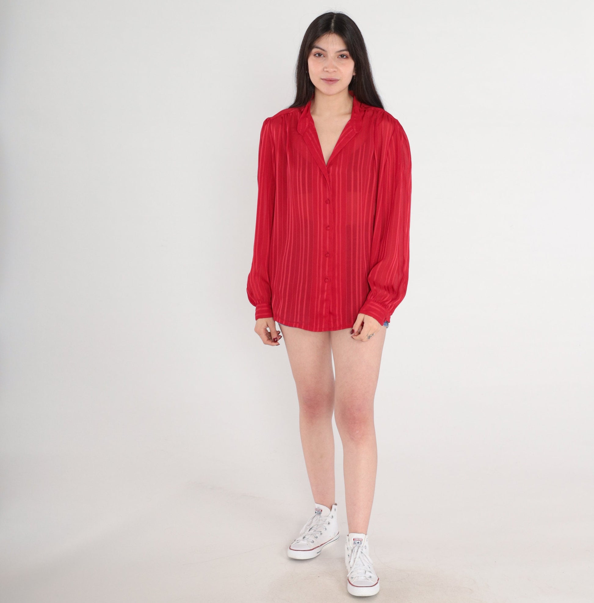 70s Red Striped Blouse Puff Sleeve Button-Up Semi-Sheer Long Sleeve Large L