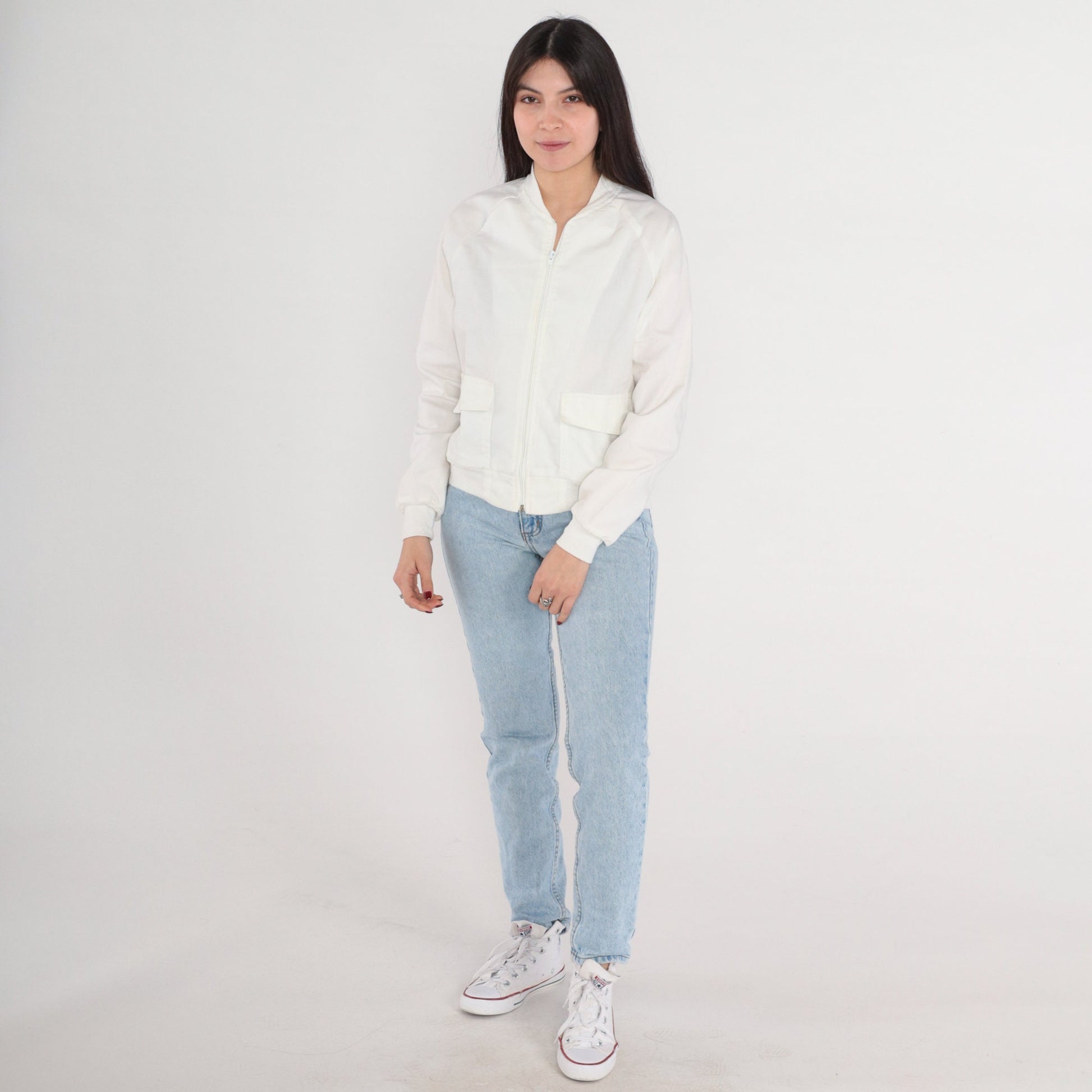 70s White Bomber Jacket Raglan Sleeve Zip Front Small