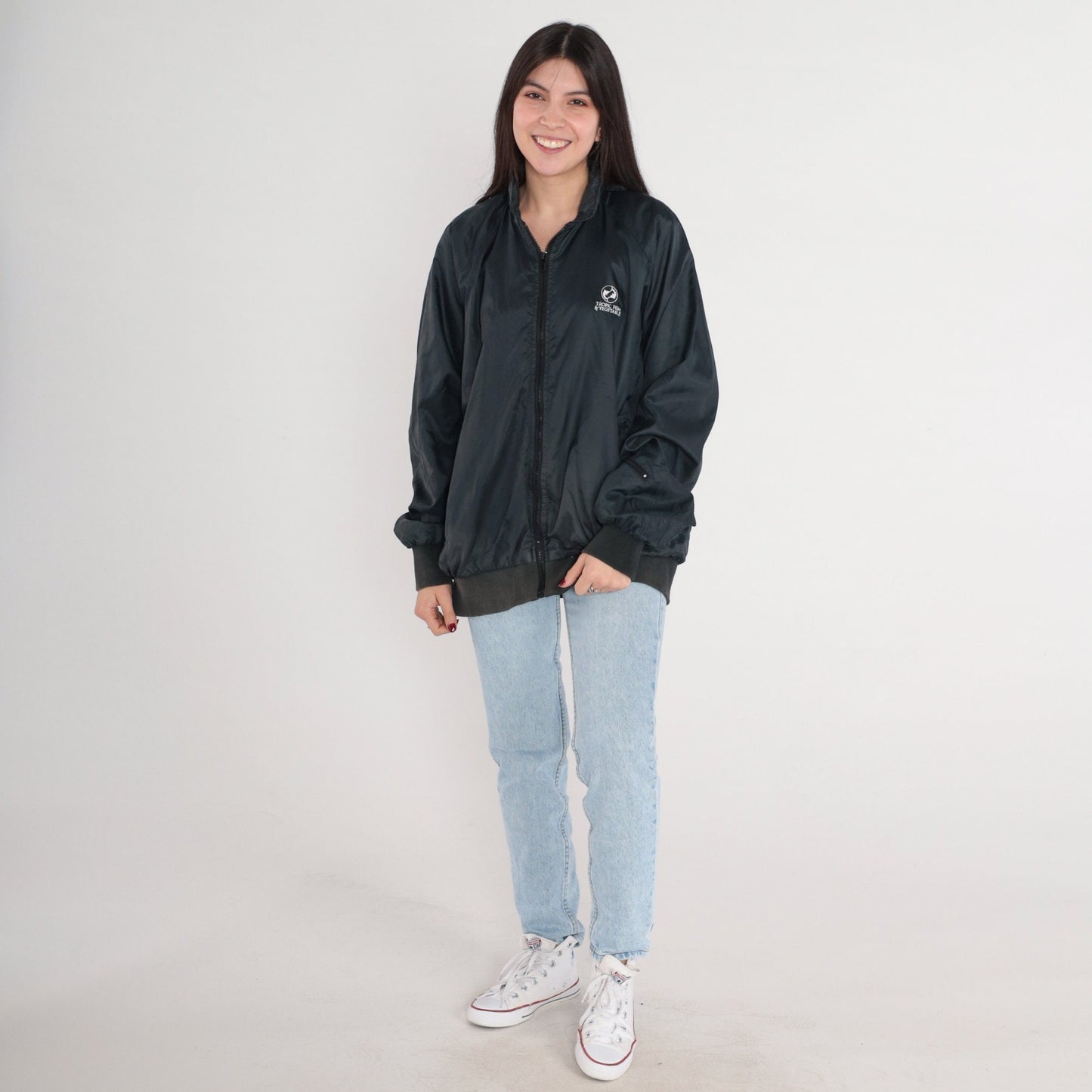 80s Tropic Fish Vegetable Logo Bomber Jacket Black Nylon Zip Windbreaker Large L