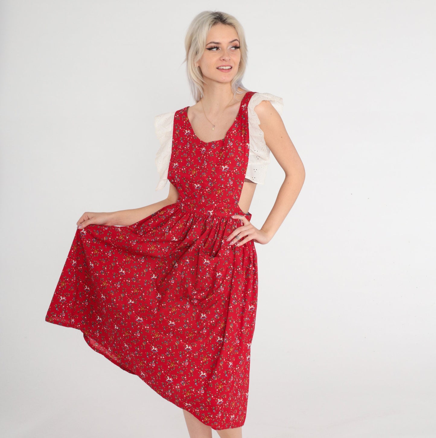 80s Red Eyelet Apron Dress Christmas Print Teddy Bears Trains Medium M