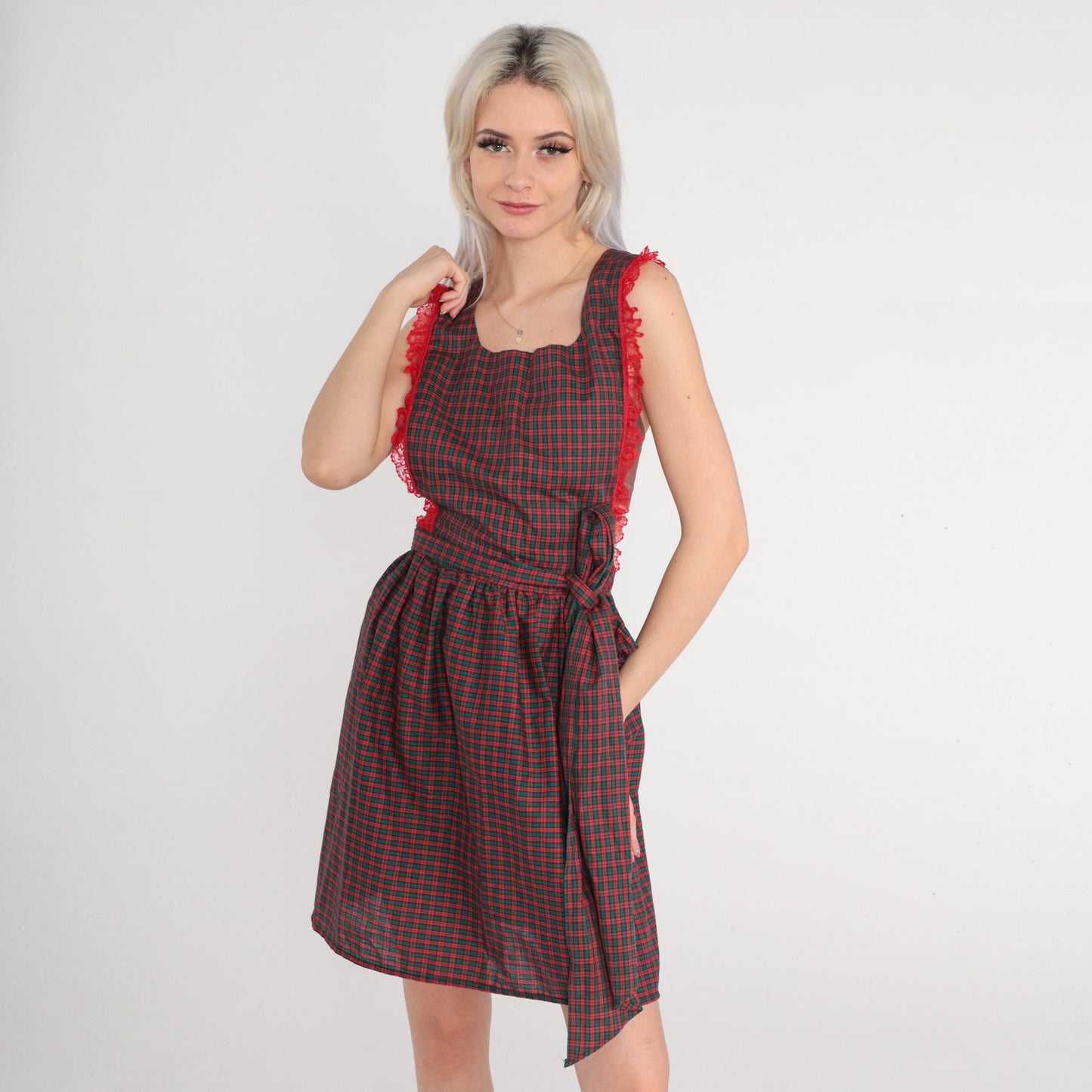 70s Red Green Plaid Apron Dress Lace Trim Open Back Small Medium