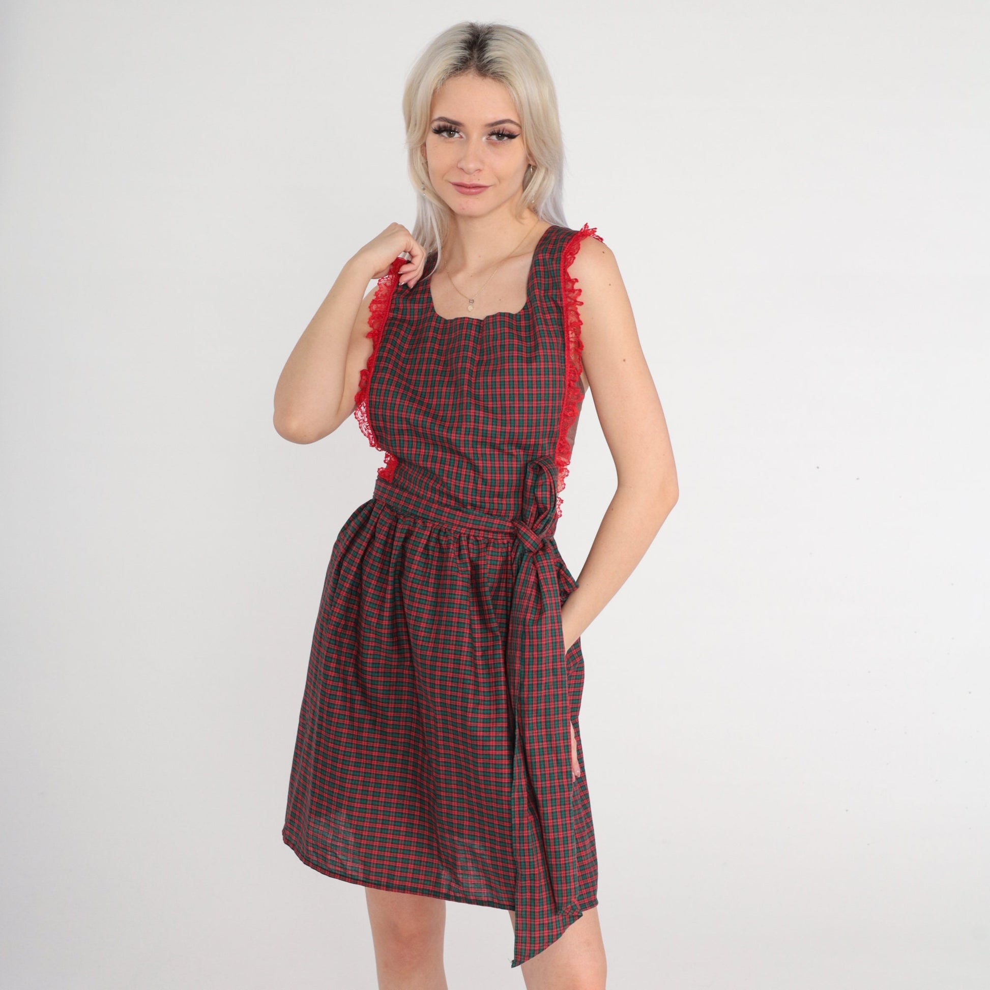 70s Red Green Plaid Apron Dress Lace Trim Open Back Small Medium