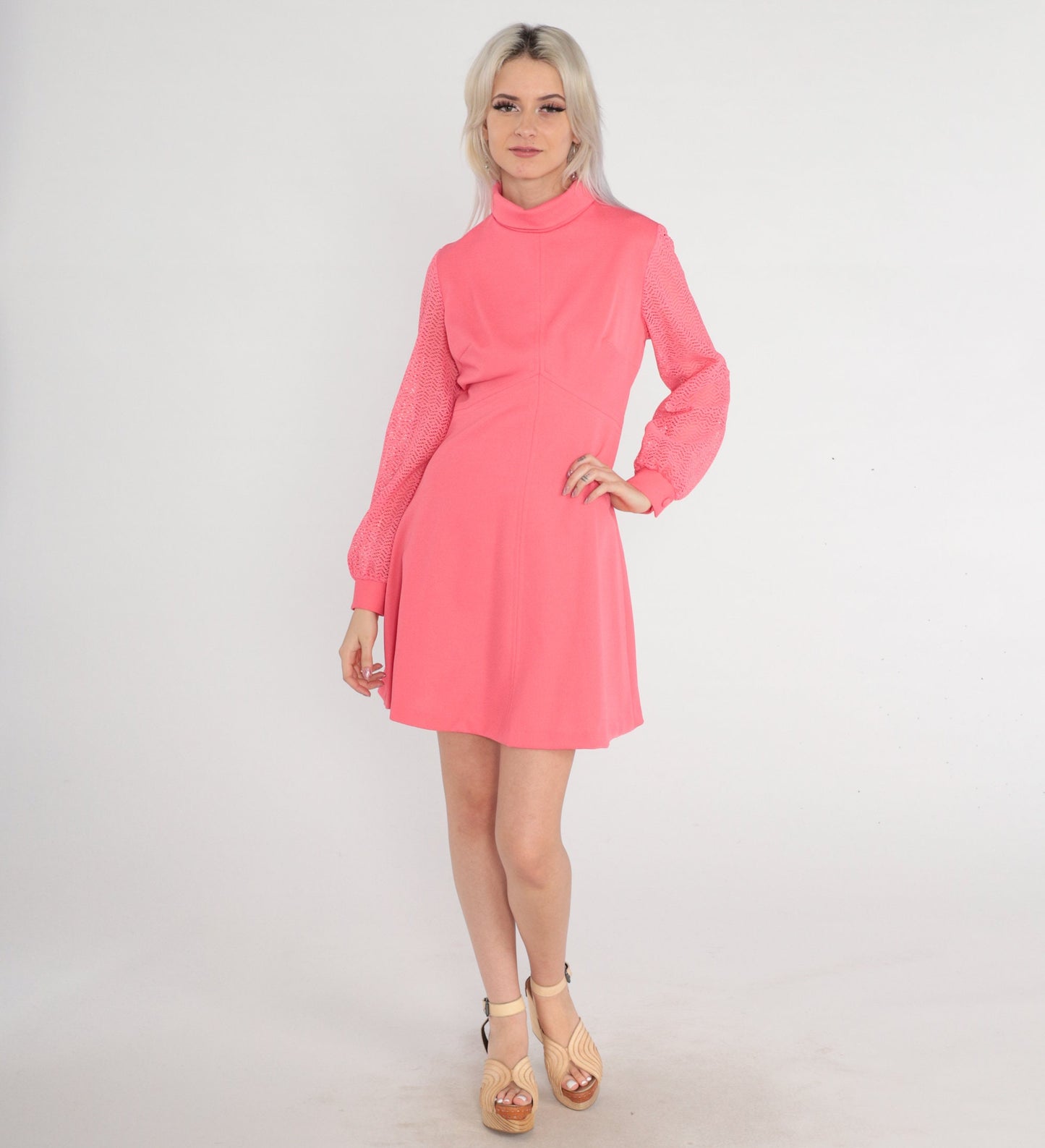 70s Pink Mini Dress Empire Waist Lace Sleeve High Mock Neck Medium M