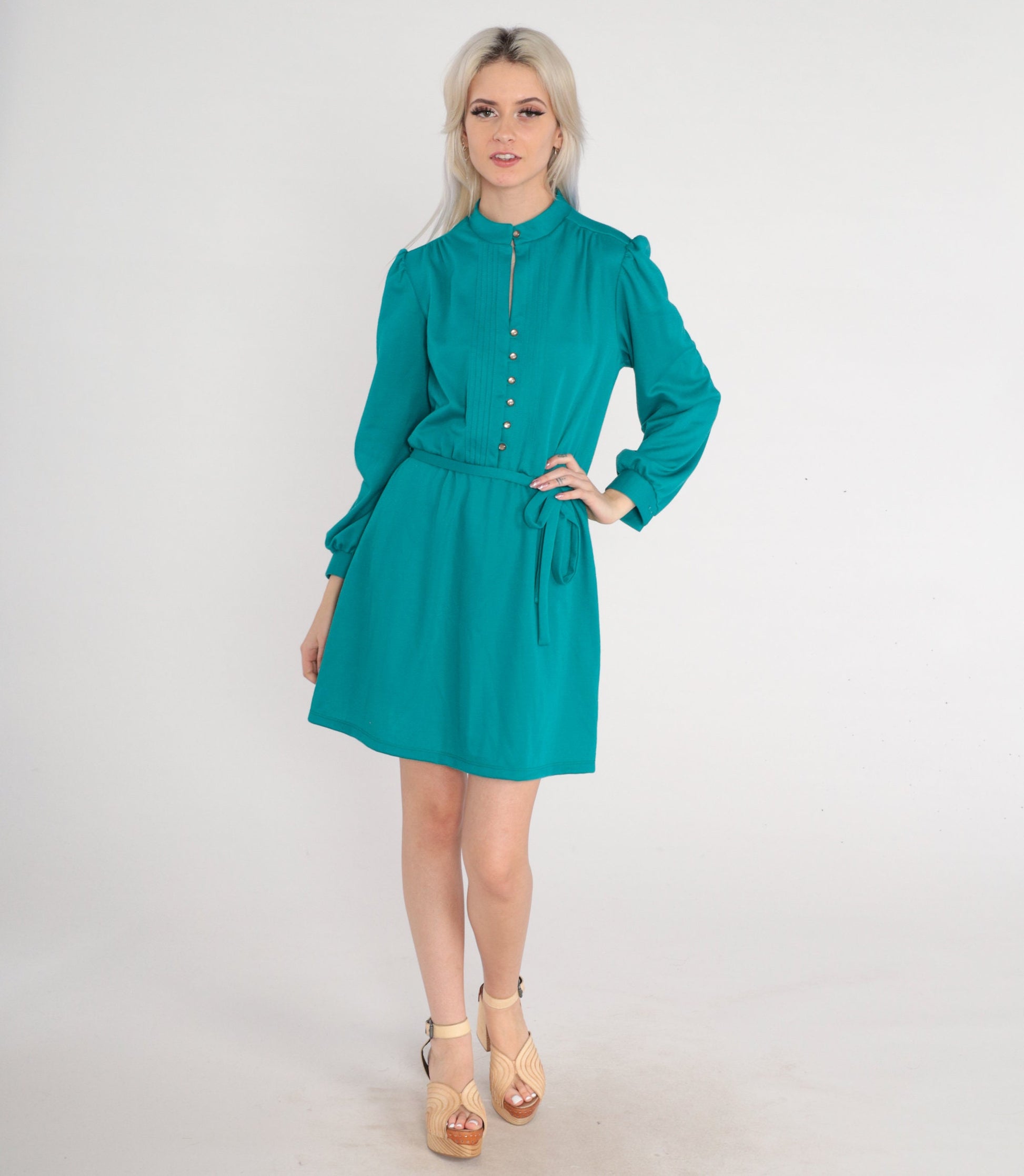 1970s Teal Green Wool Blend Mini Dress Puff Sleeve Button-Up High Waist Medium