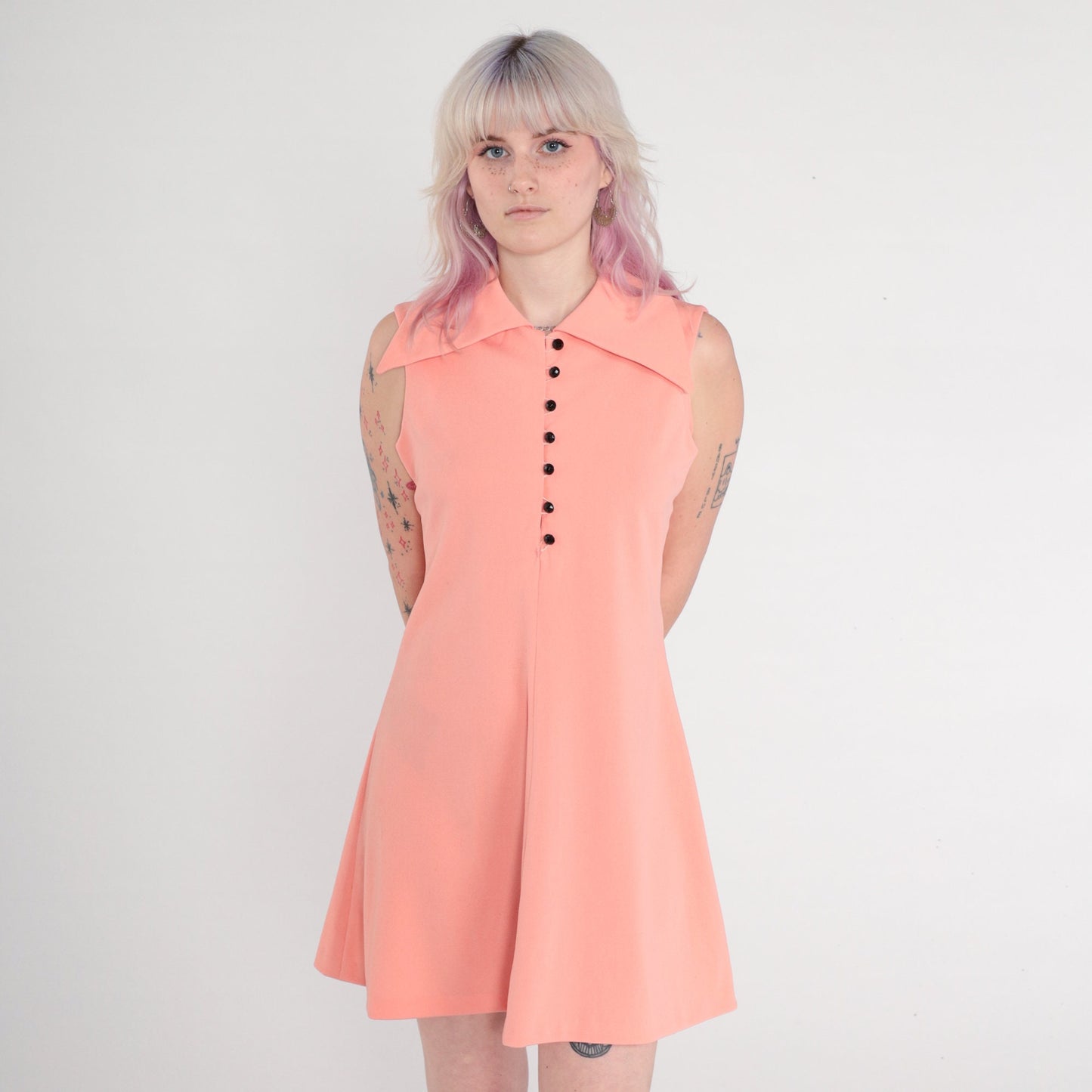 70s Peach Mod Mini Shift Dress Button-Up Sleeveless Collared Medium