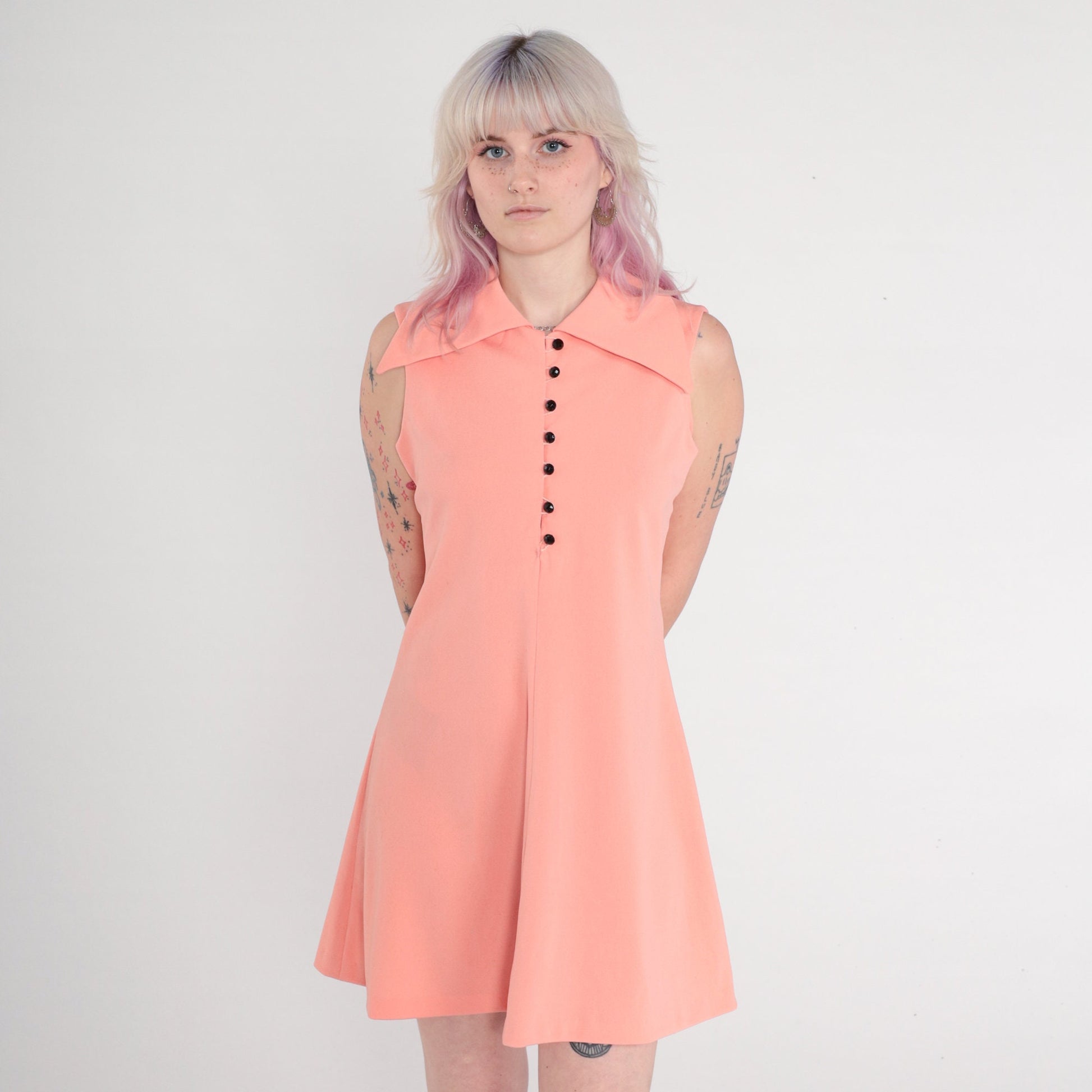 70s Peach Mod Mini Shift Dress Button-Up Sleeveless Collared Medium