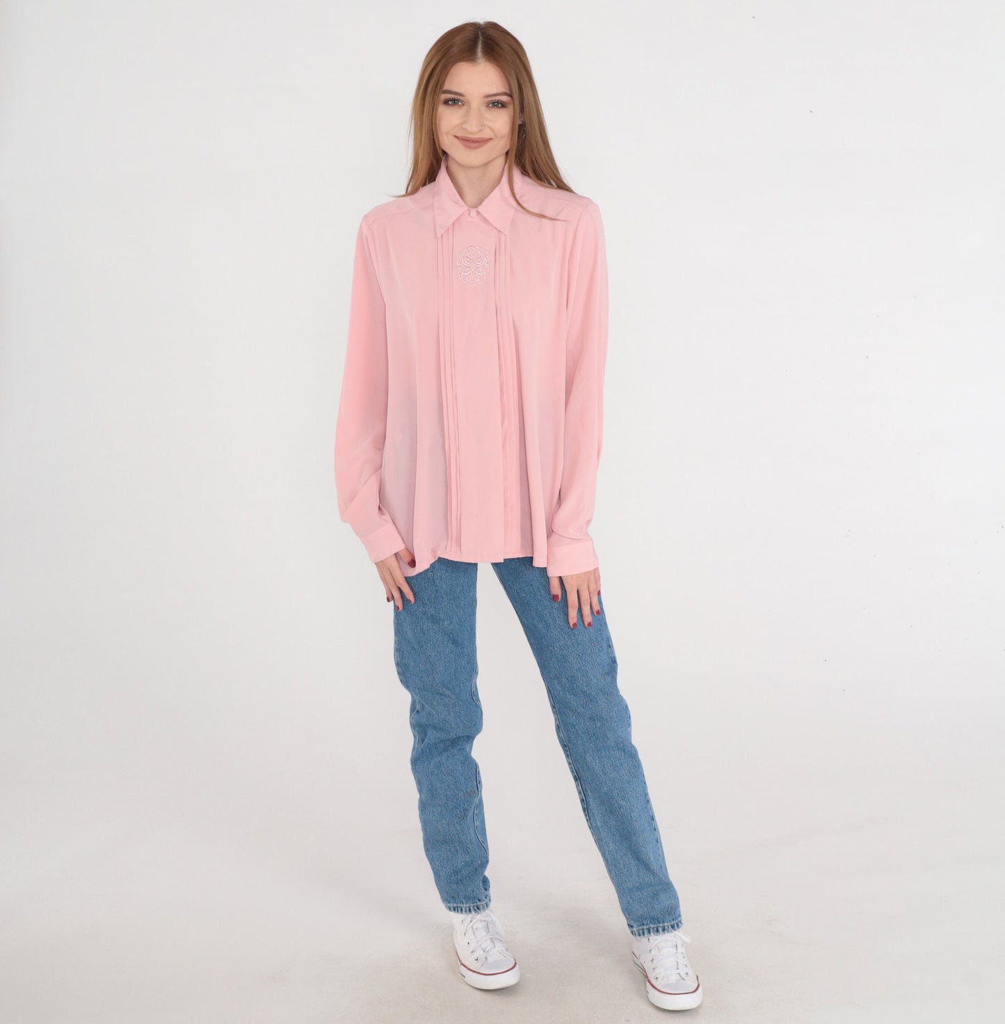 80s Pink Pleated Blouse Embroidered Long Sleeve Button Up Collared Shirt Large L