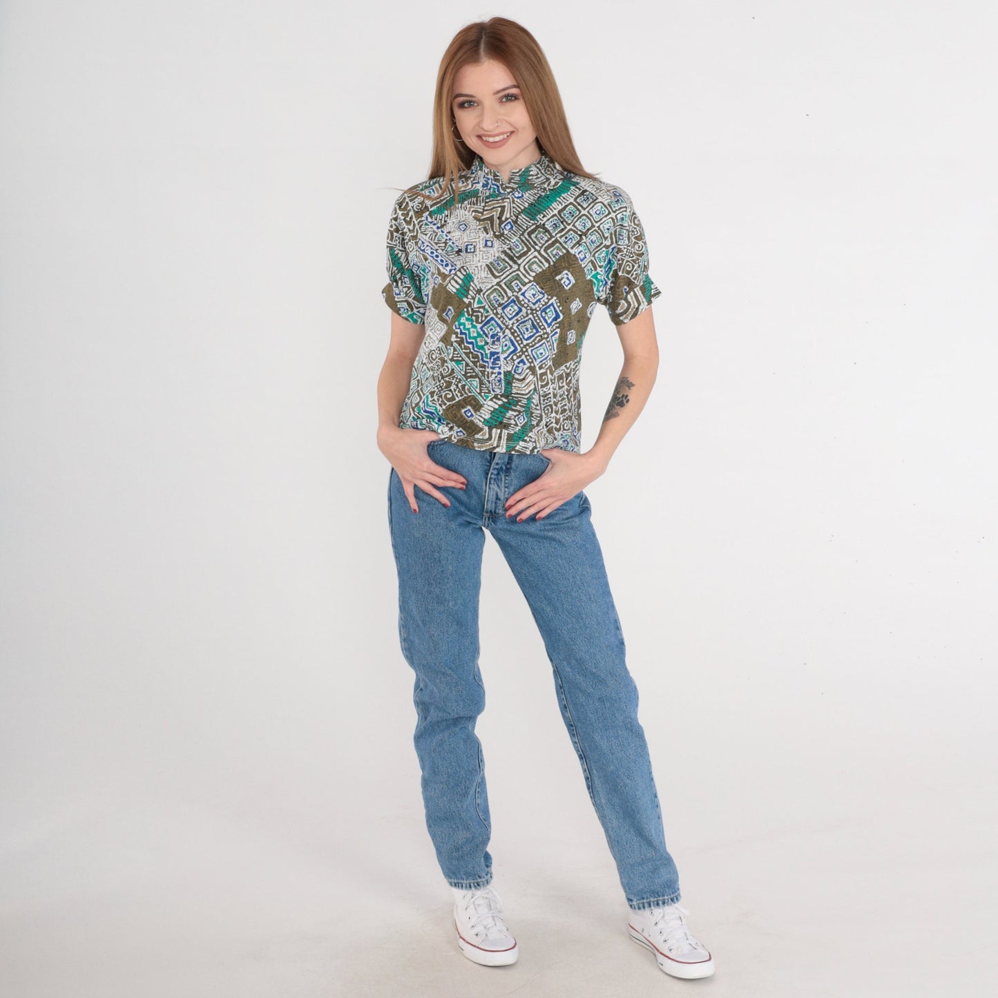 80s Batik Blouse Mandarin Collar Puff Sleeve Brown Olive Abstract Top XS