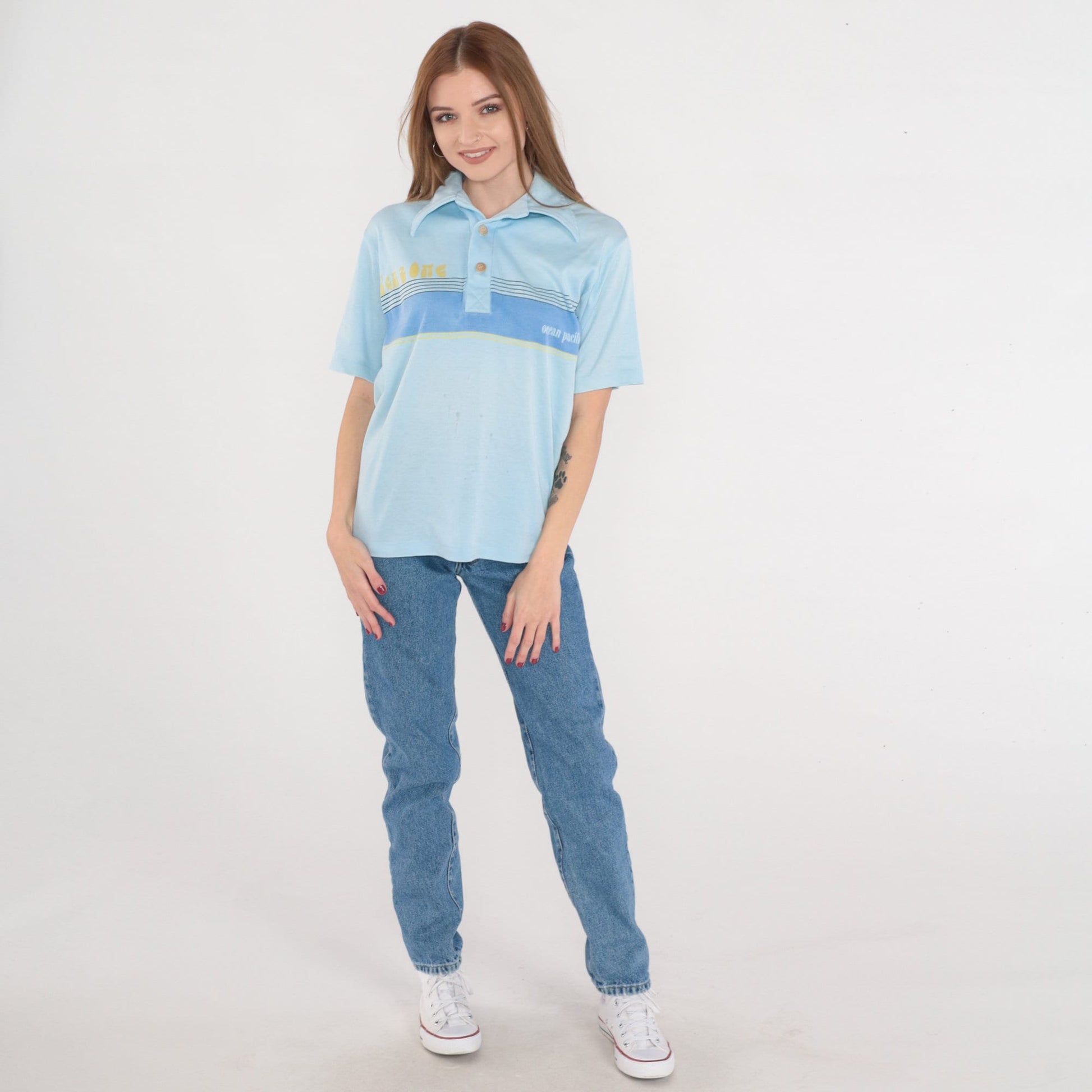 70s Ocean Pacific Tenz One Striped Polo Shirt Blue Small