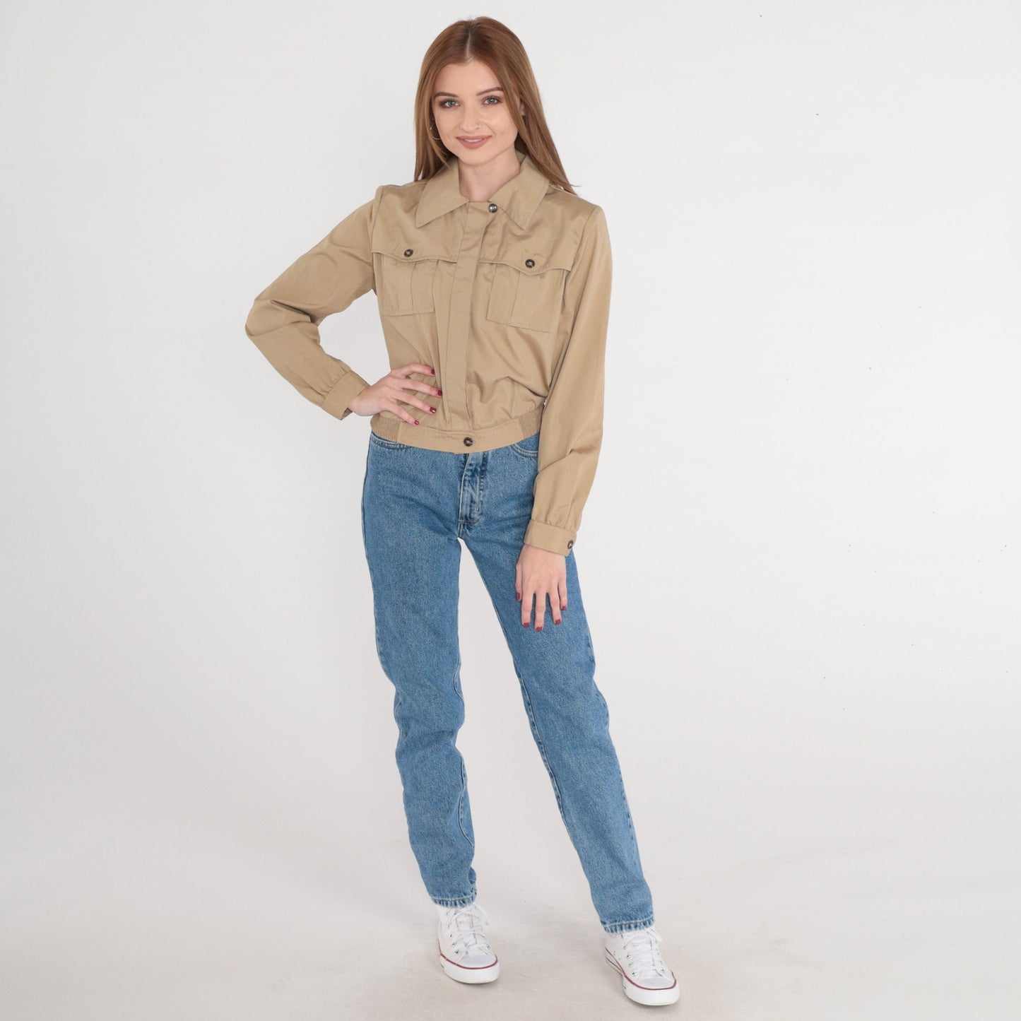 70s Tan Cropped Jacket Cargo Pockets Collared Bomber Extra Small