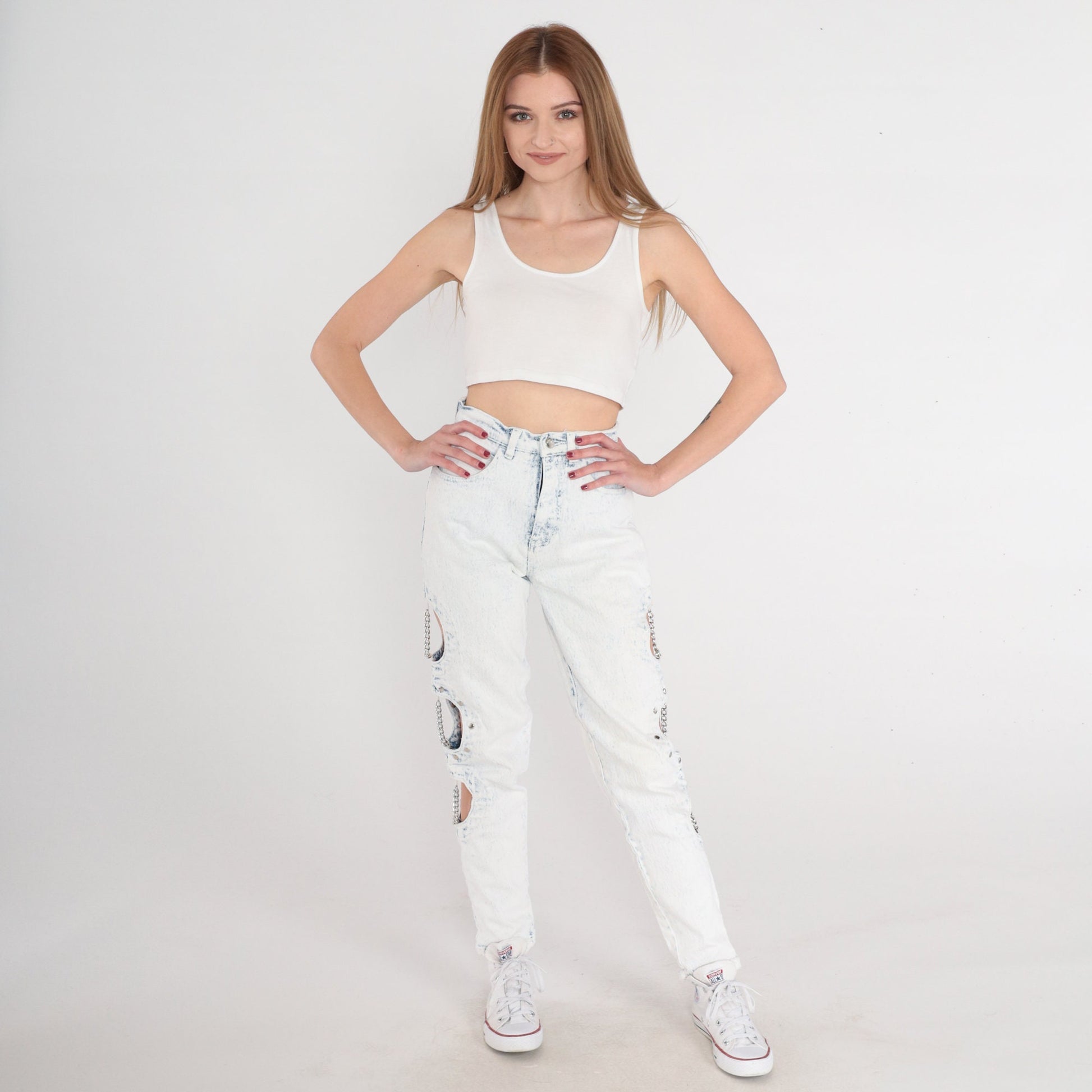 90s Cutout Chain Skinny Jeans Pale Blue Stone Wash High Waisted Extra Small