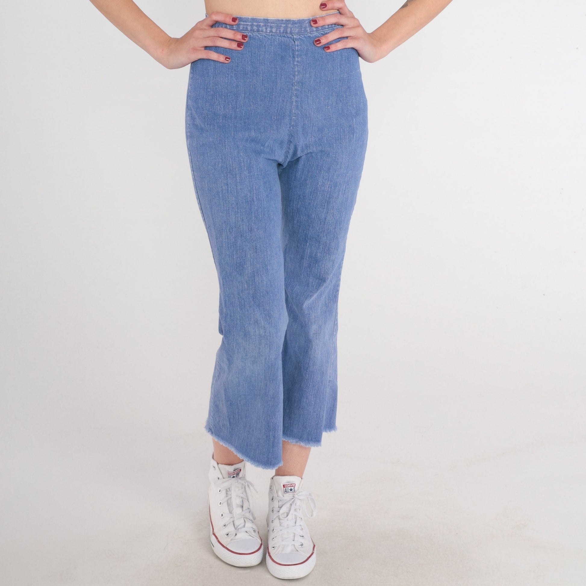 70s Bell Bottom Jeans Cropped High Rise Raw Hem Blue Denim Extra Small