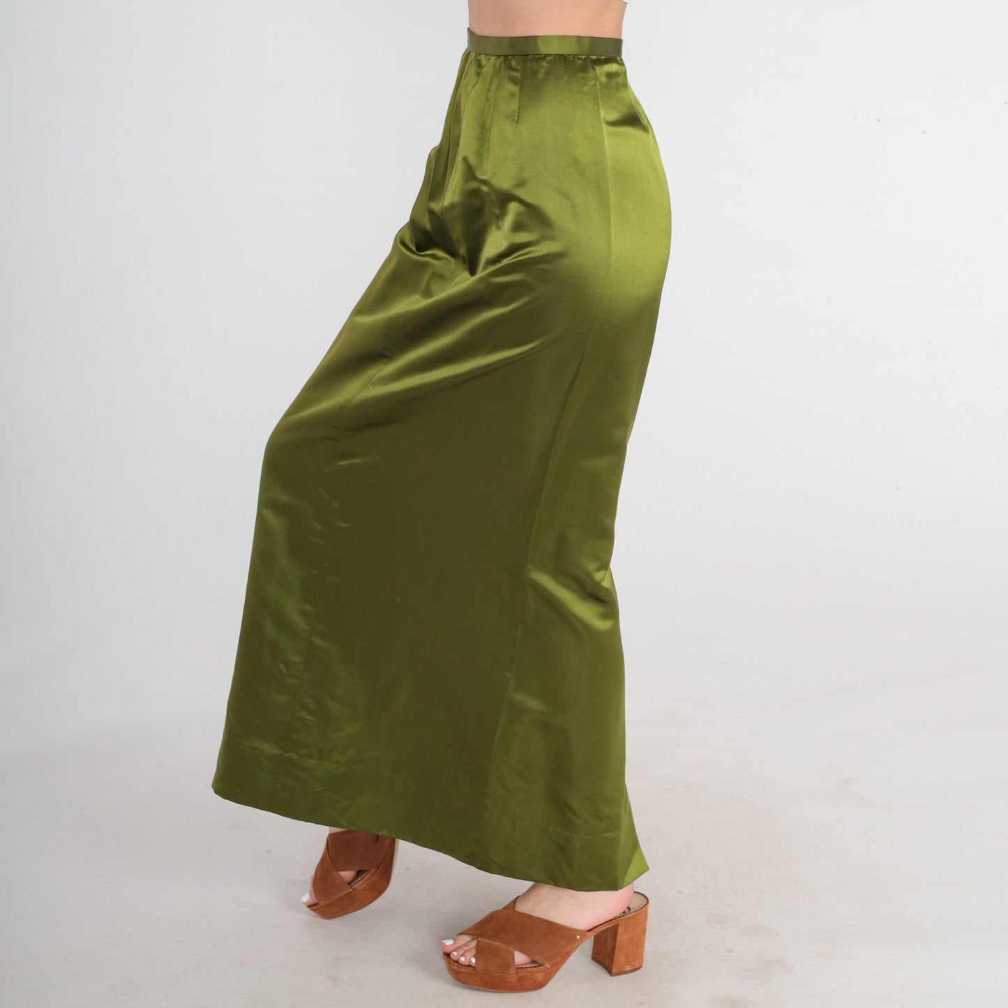60s High-Waisted Maxi Skirt Shiny Green Pea Acetate Blend XS