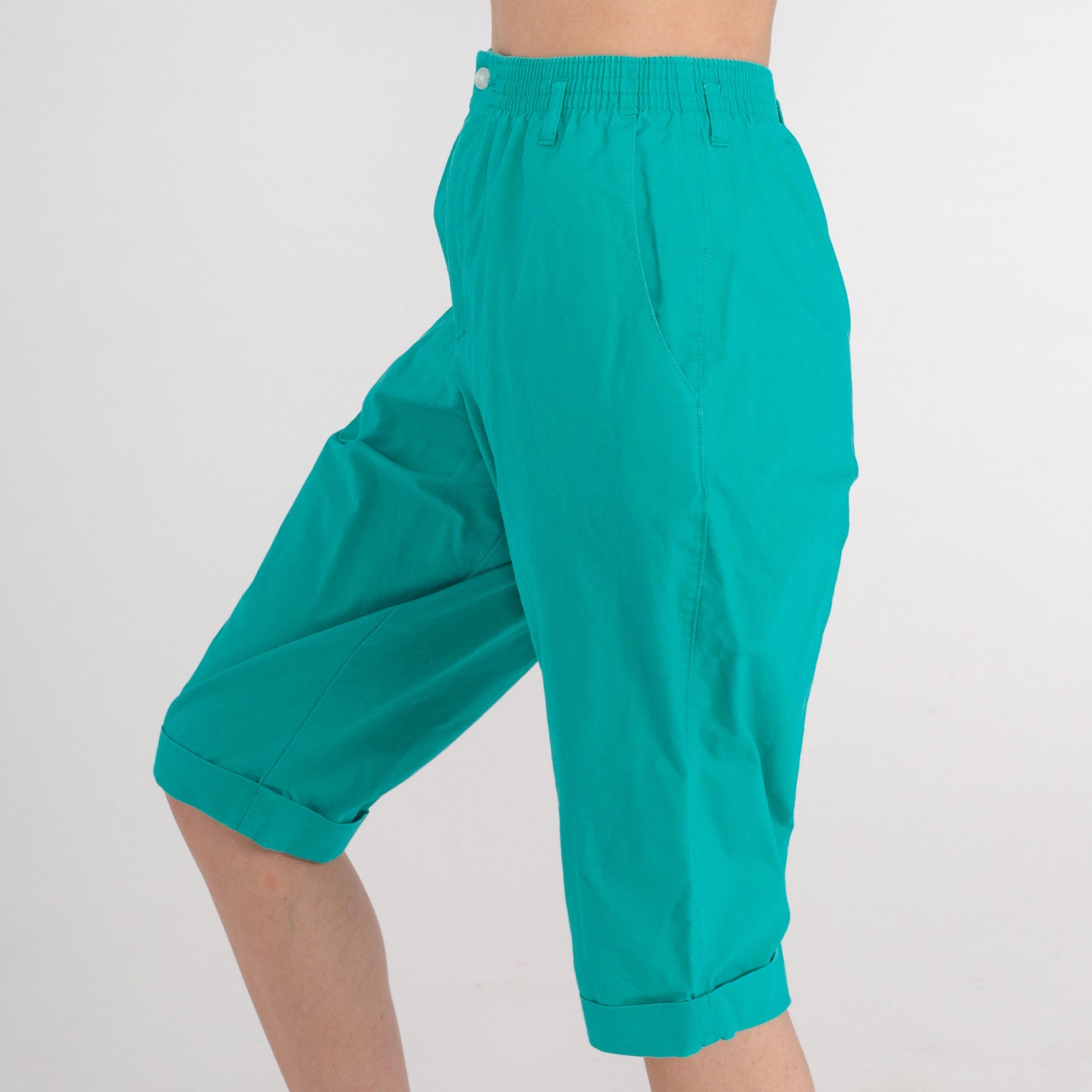 90s Turquoise Capri Pants High Waist Cuffed Cropped Trousers Extra Small