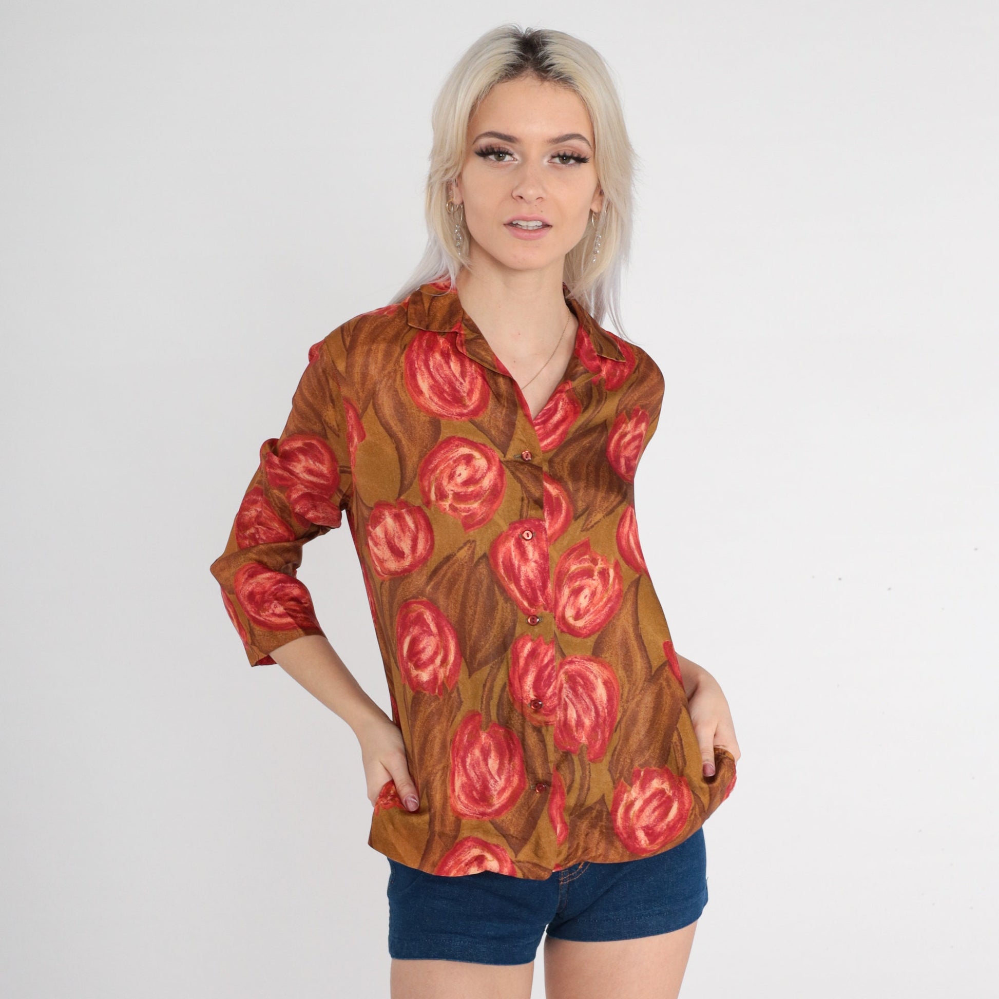 70s Tulip Print Silk Blouse Brown Button Up Floral Shirt 3/4 Sleeve Medium