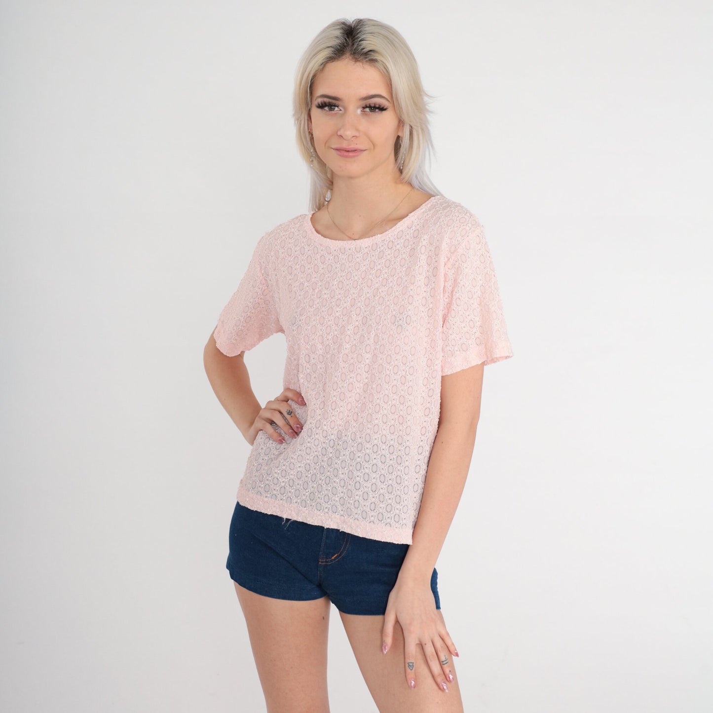80s Baby Pink Sheer Lace Cutout Blouse Short Sleeve Large L