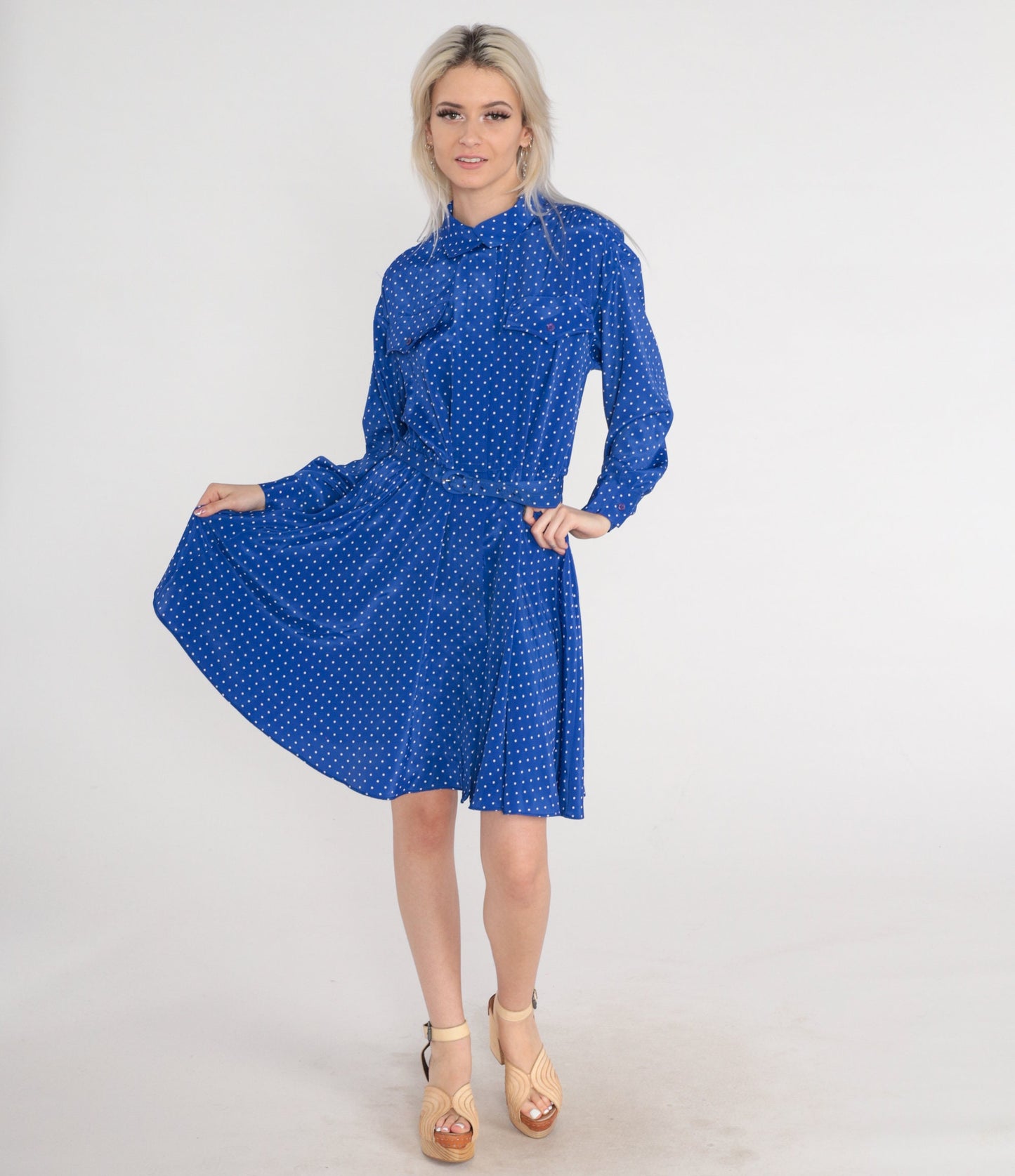 1970s Blue Polka Dot Mini Dress Button-Up High Waist Belt Long Sleeve Medium