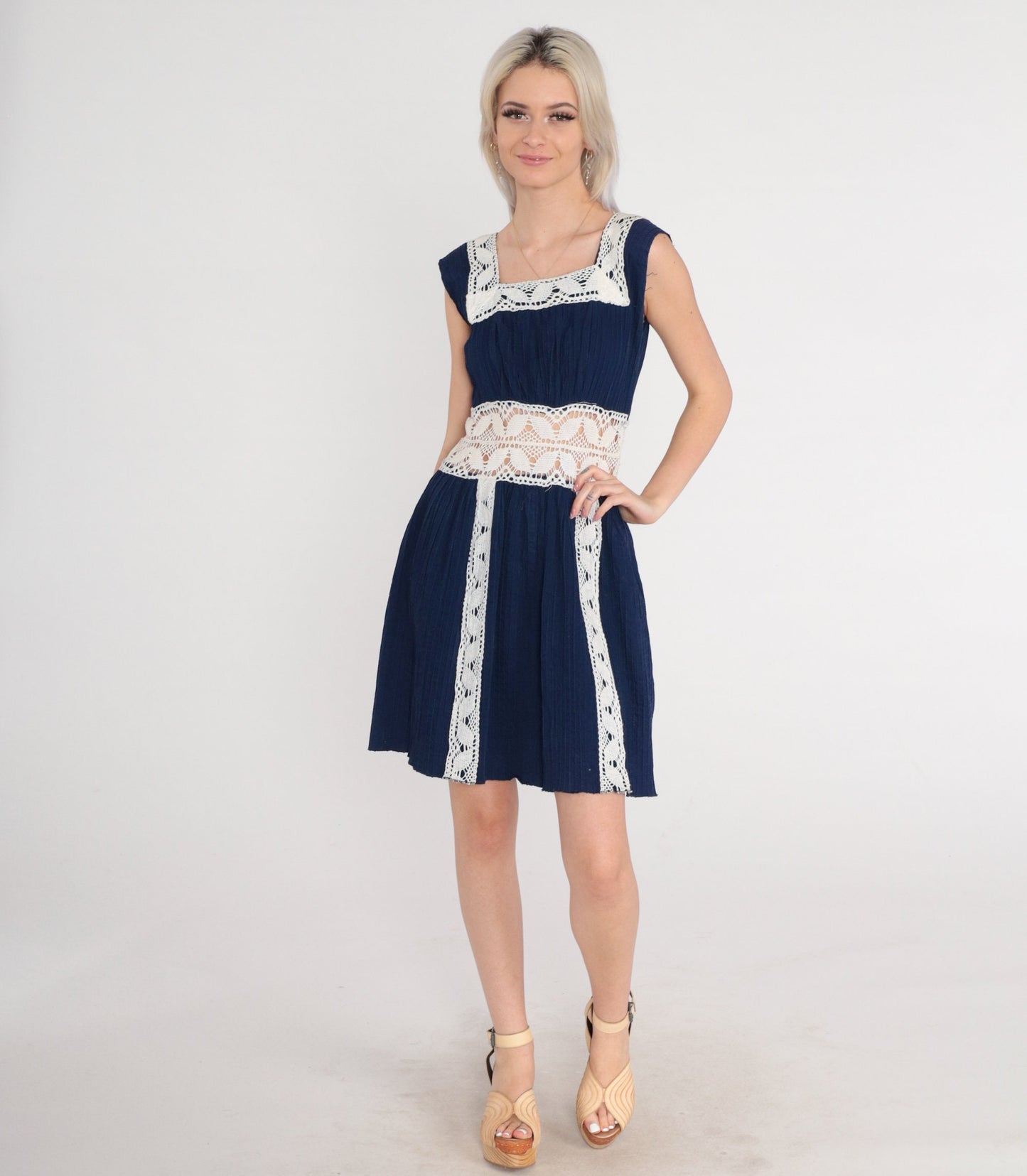 70s Navy Crochet Mini Dress White Open Weave Sleeveless High Waist Small S