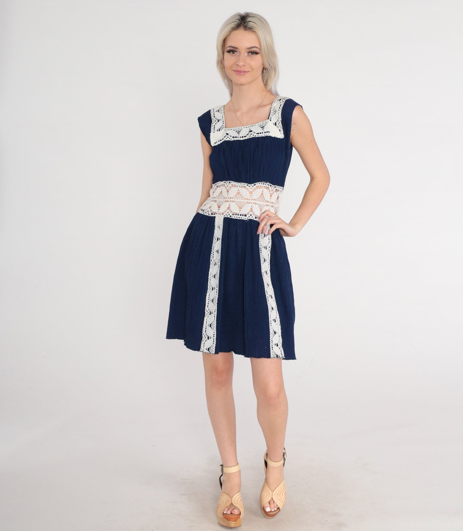 70s Navy Crochet Mini Dress White Open Weave Sleeveless High Waist Small S