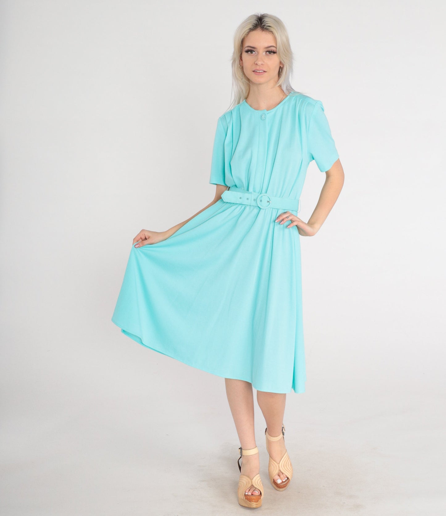 80s Mint Blue Button-Up Midi Shirtdress High Waisted Belted Secretary Medium