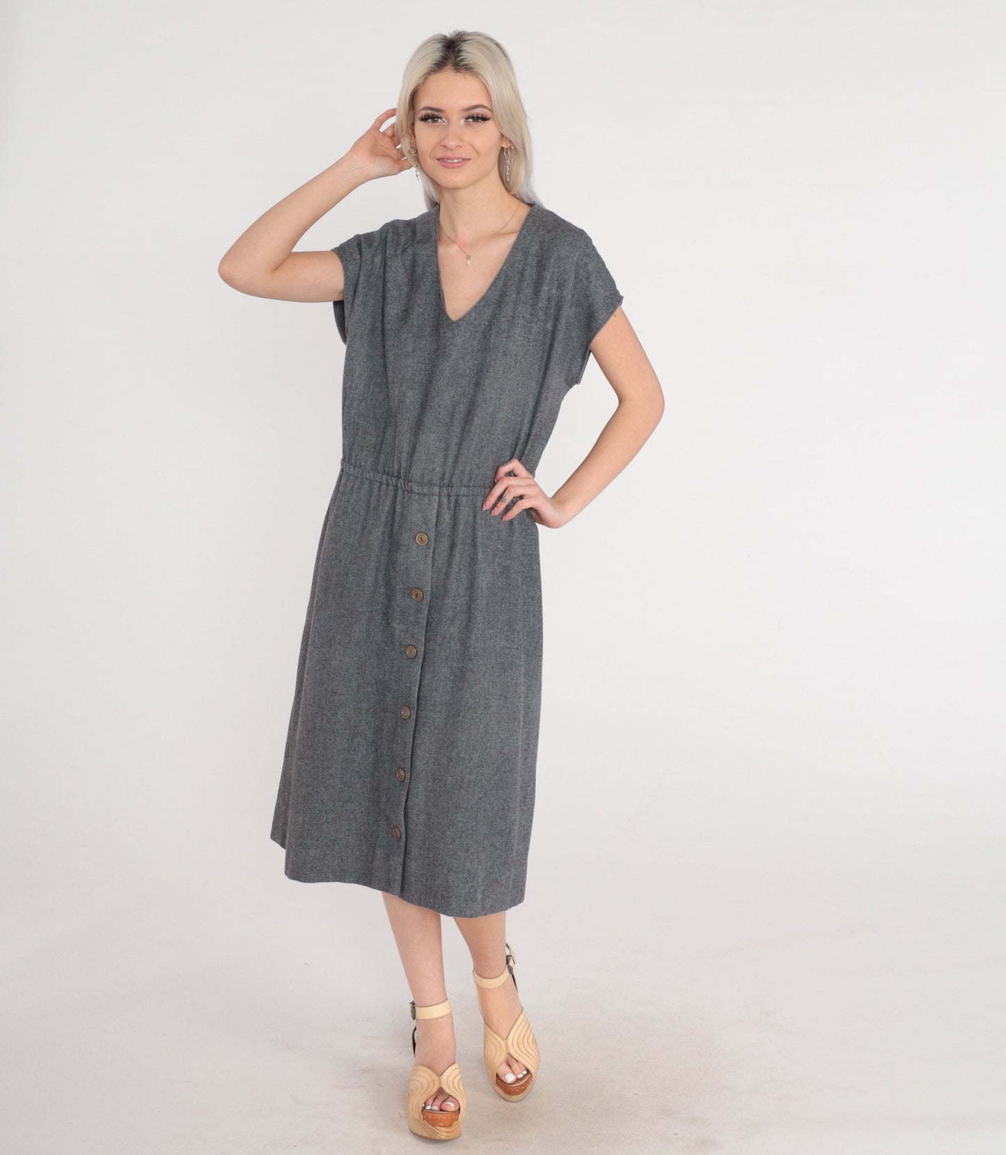 60s David Warren Wool Midi Dress Grey High Waisted V Neck Medium Large