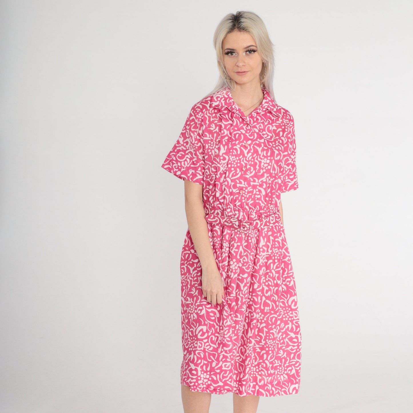 80s Leslie Fay Pink Floral Midi Shirtwaist Dress High Waisted Belted Medium