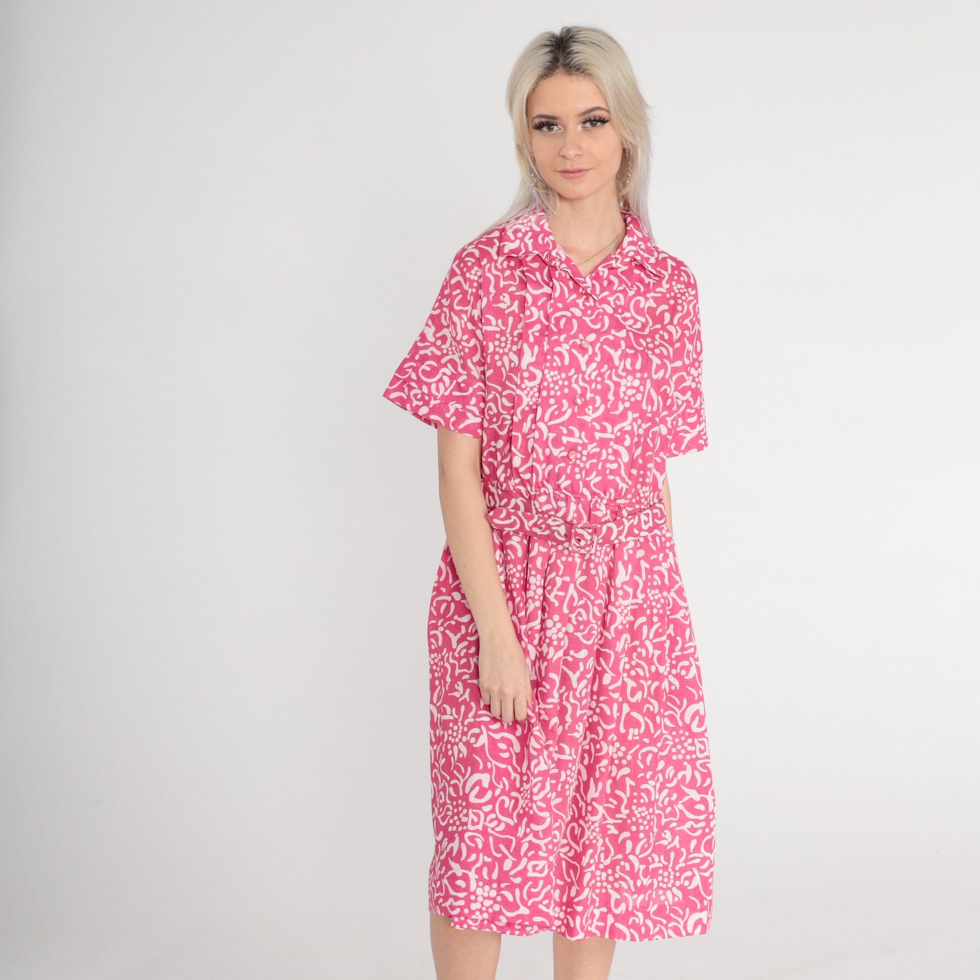 80s Leslie Fay Pink Floral Midi Shirtwaist Dress High Waisted Belted Medium