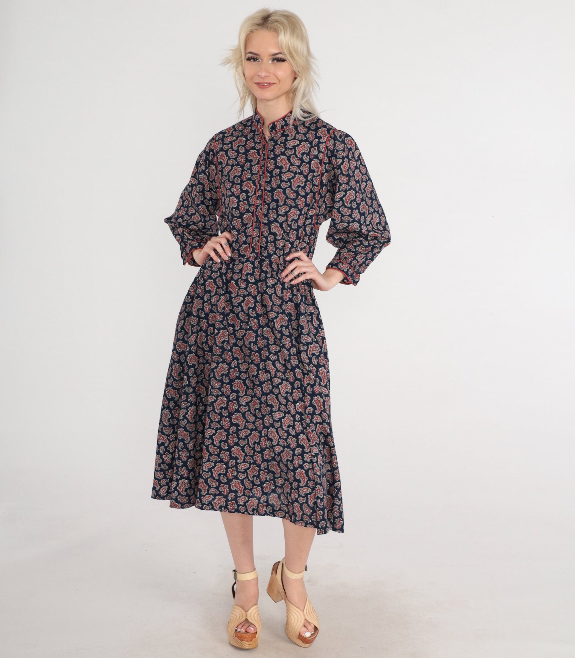 70s Navy Paisley Midi Dress Button-Up Long Sleeve High Waist Small
