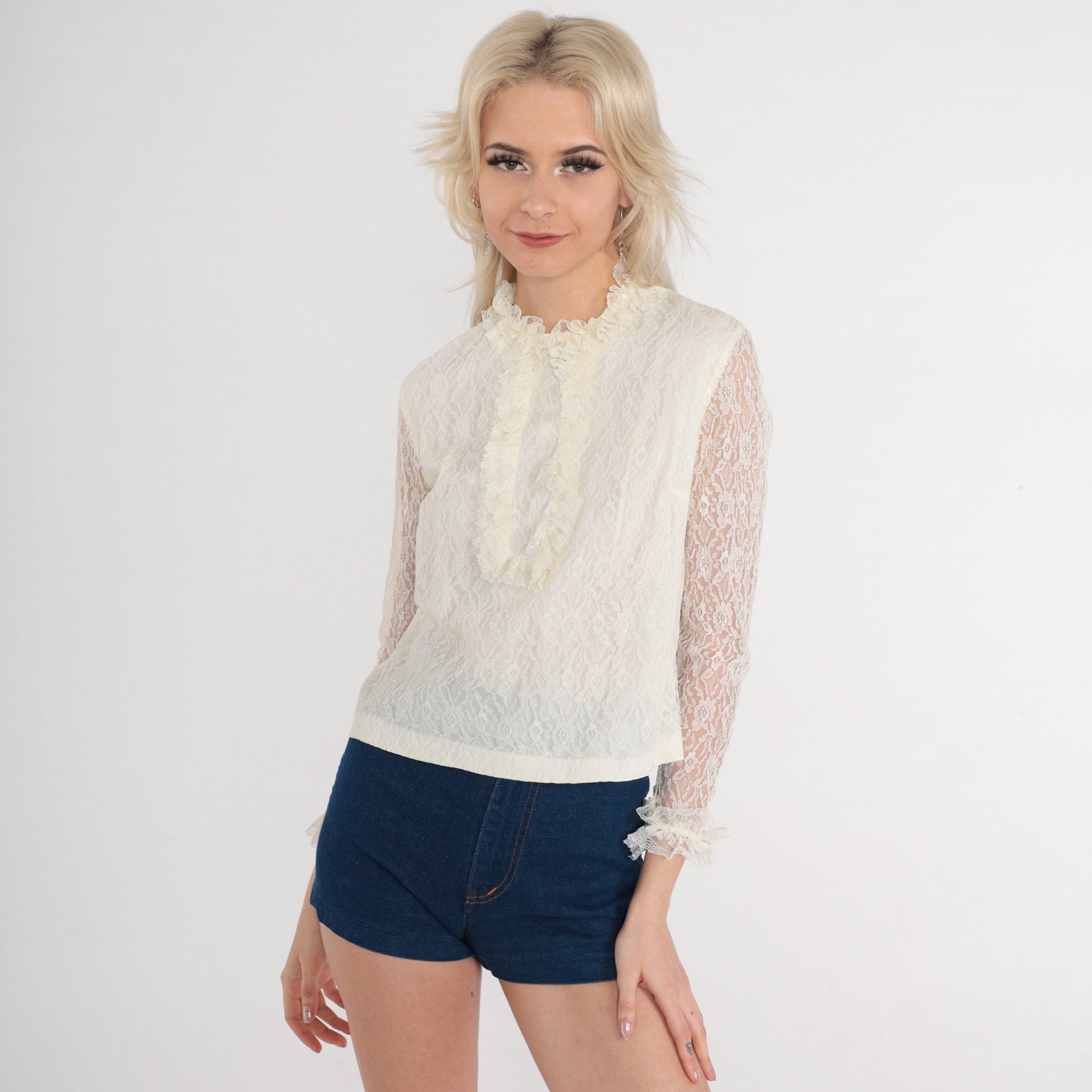70s White Lace Blouse Floral High Neck Ruffled Long Sleeve Extra Small