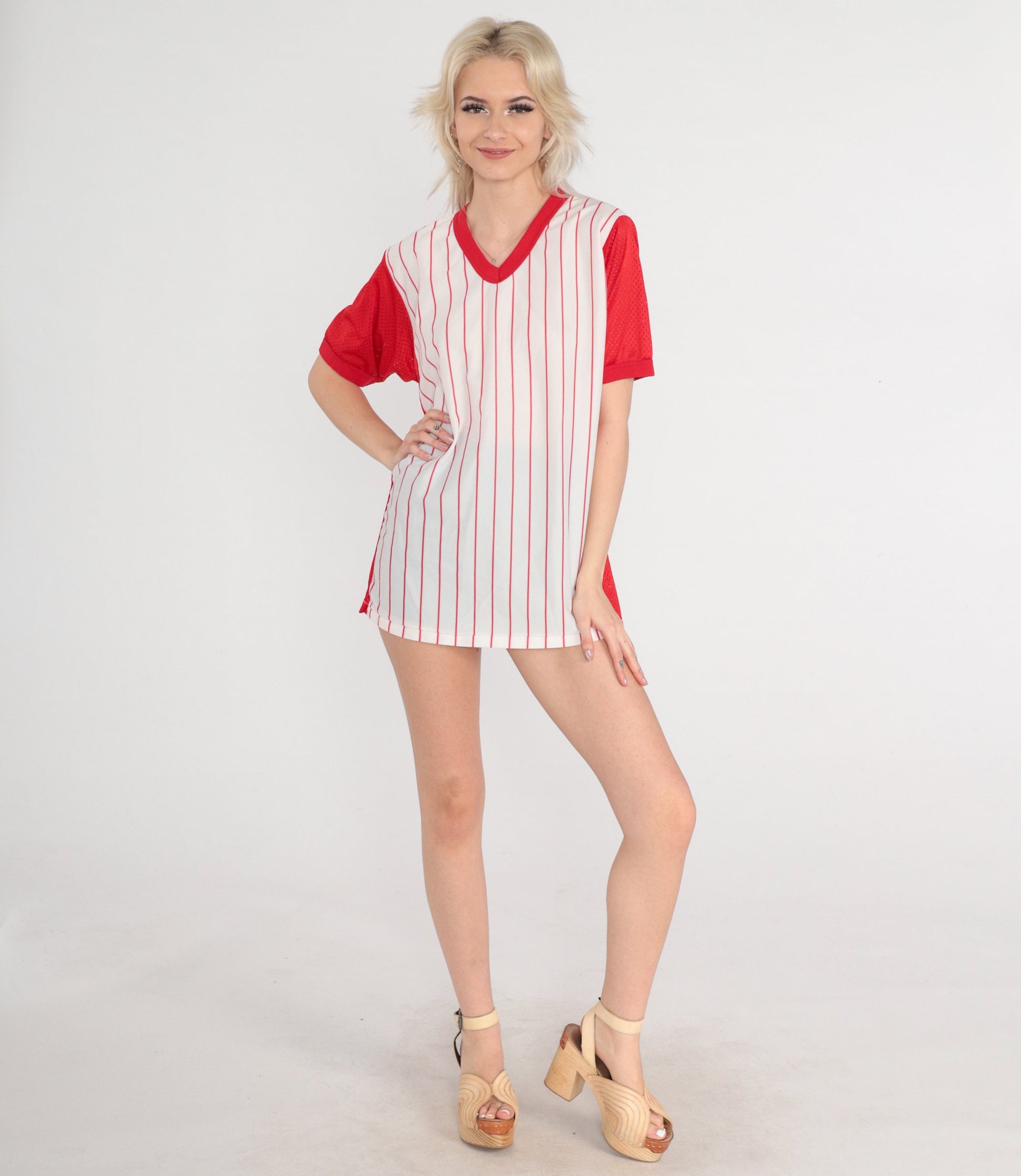 80s Mel's Outer Limits Baseball Jersey Red White Striped Mesh Ringer Tee Medium