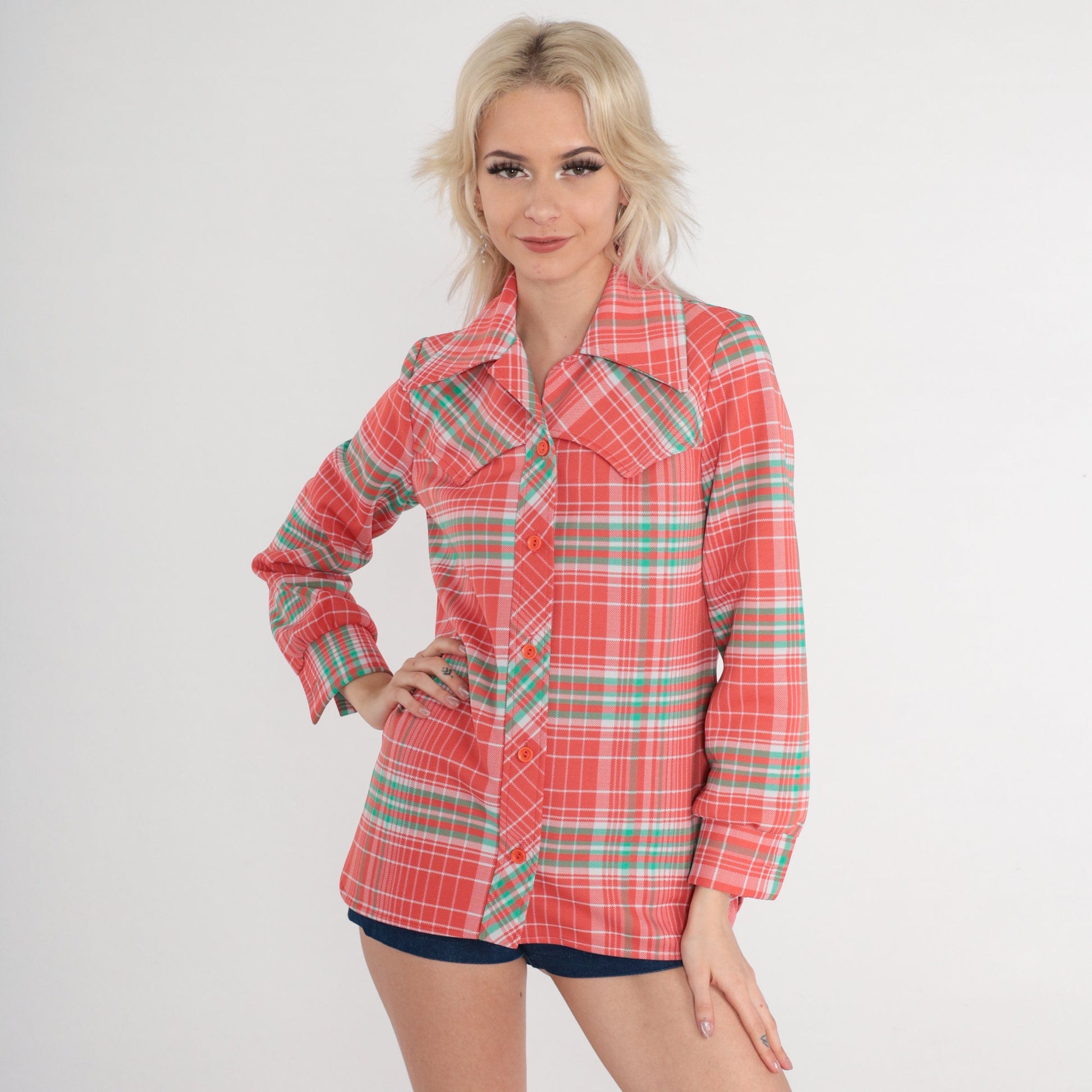 70s Salmon Pink Plaid Western Button-Up Blouse Long Sleeve Small
