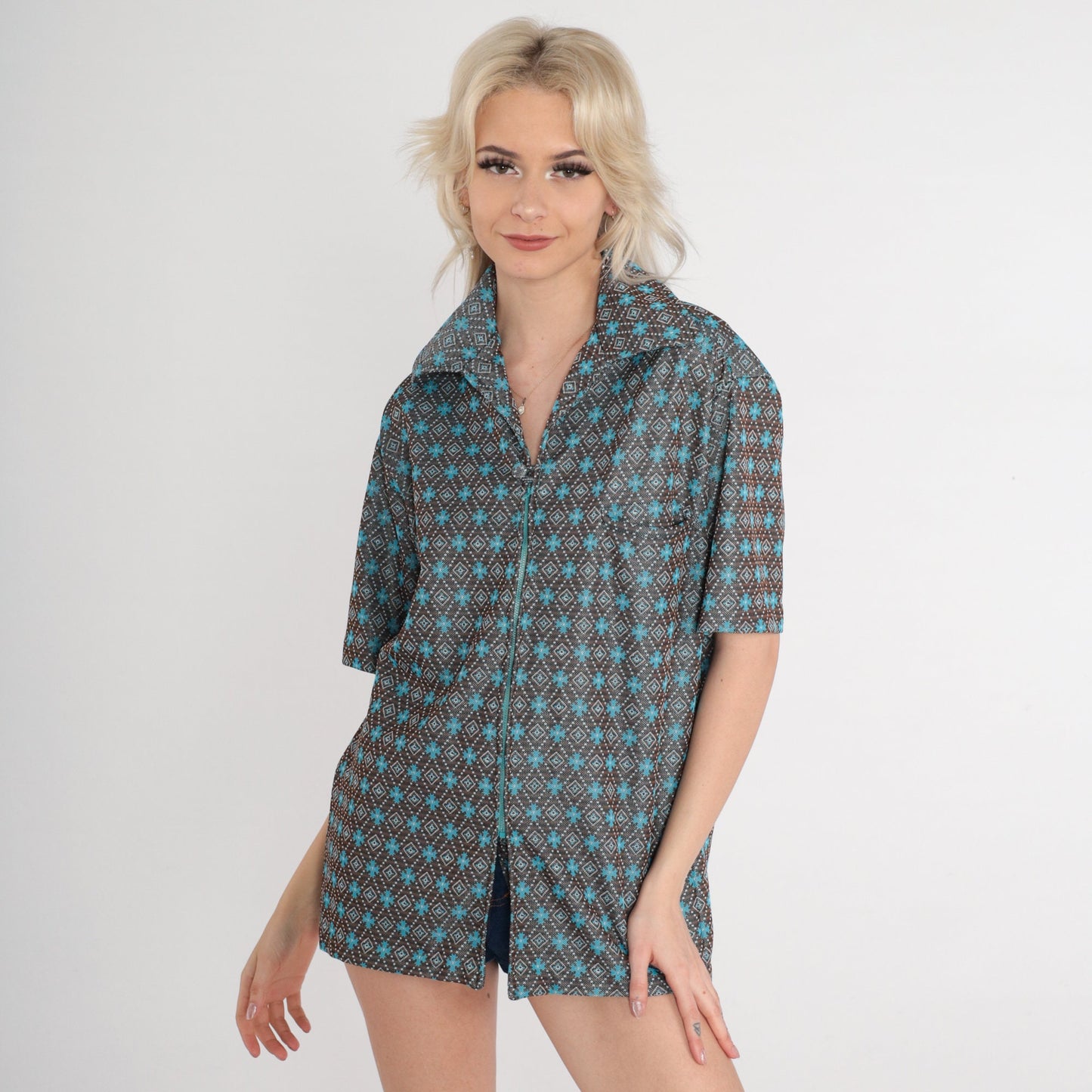 70s Disco Shirt Geometric Tile Print Zip Up Wing Collar Brown Blue Striped Large