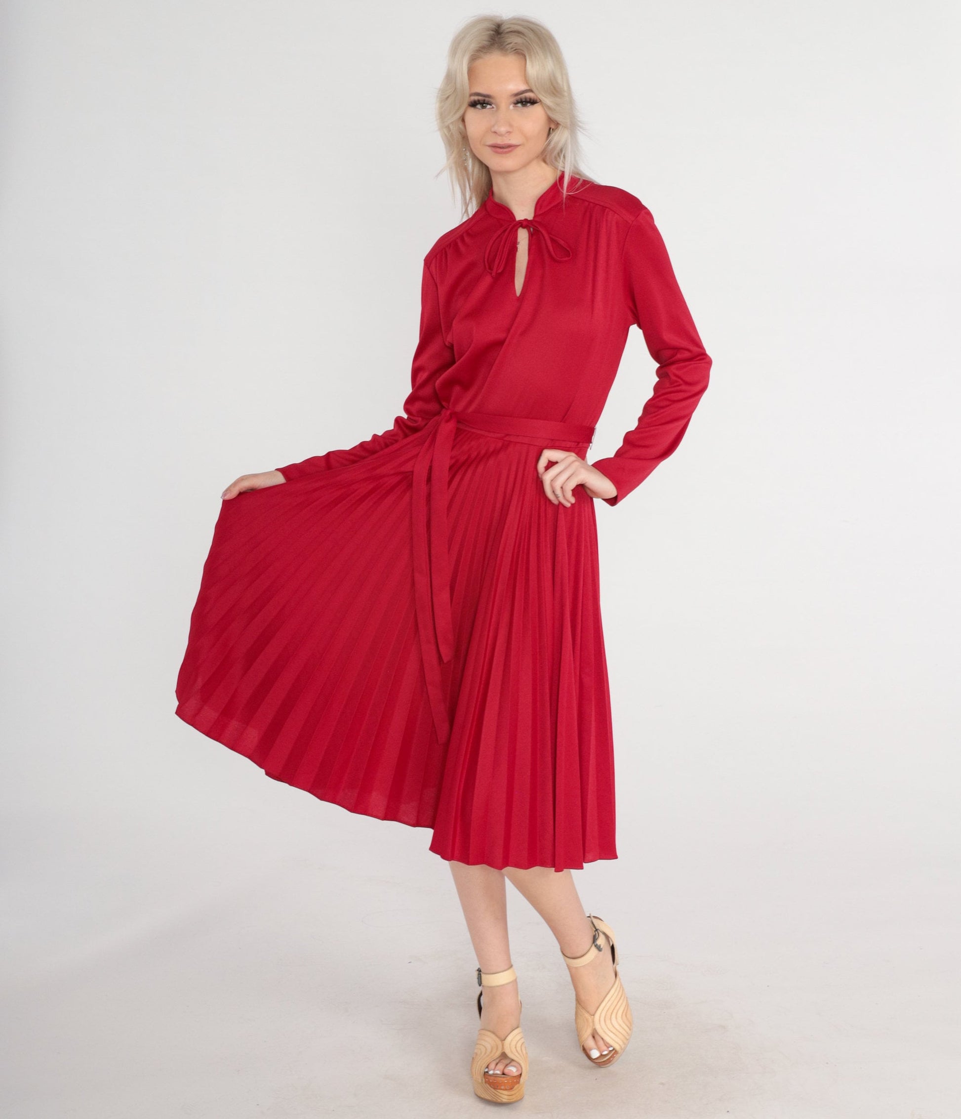 70s Burgundy Red Midi Dress Pleated High Waist Long Sleeve Medium