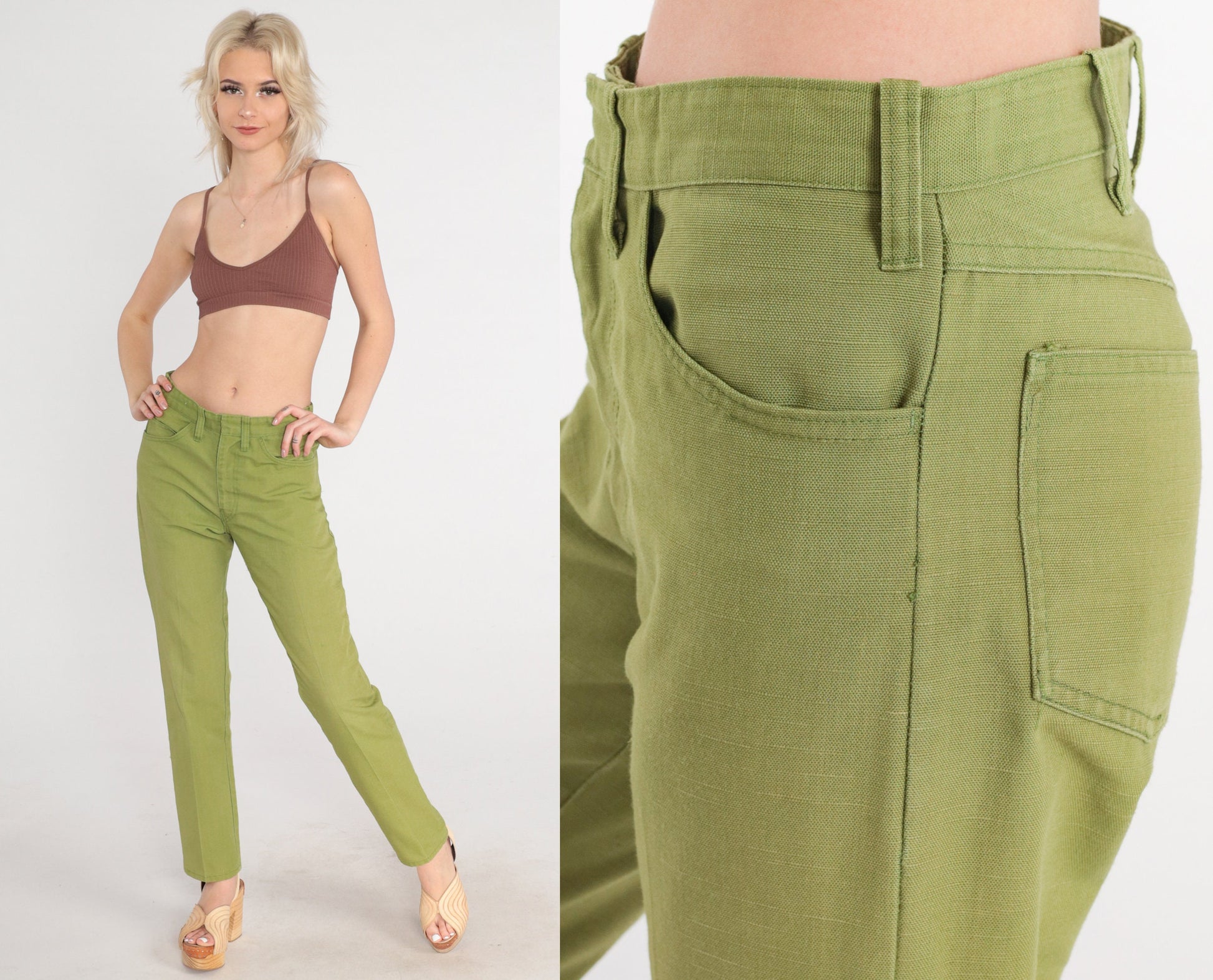 70s Green Tapered Trousers Mid Rise Creased Slacks Small
