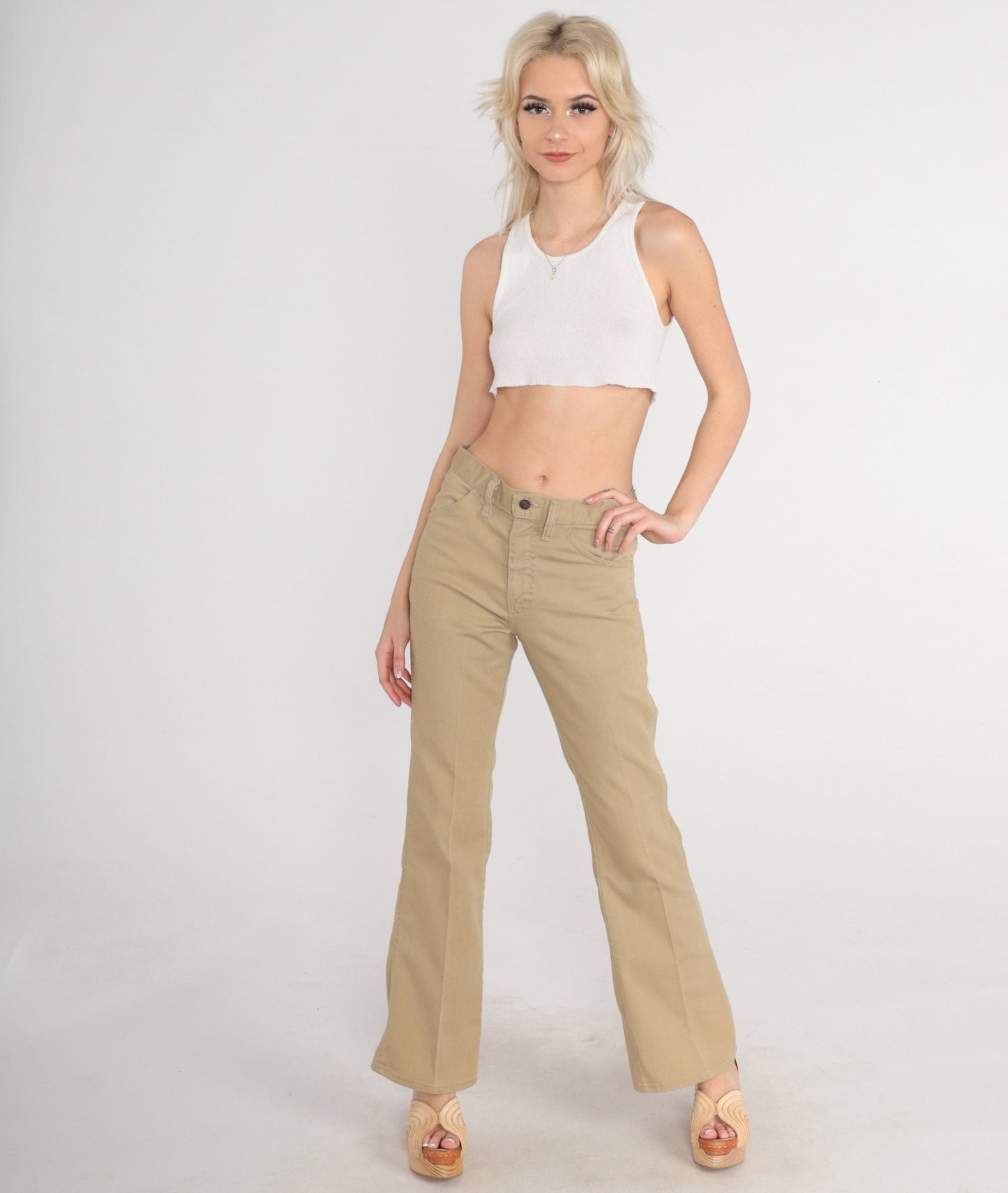 70s Mr. Leggs Khaki Flared Trousers Mid Rise Bell Bottoms Small