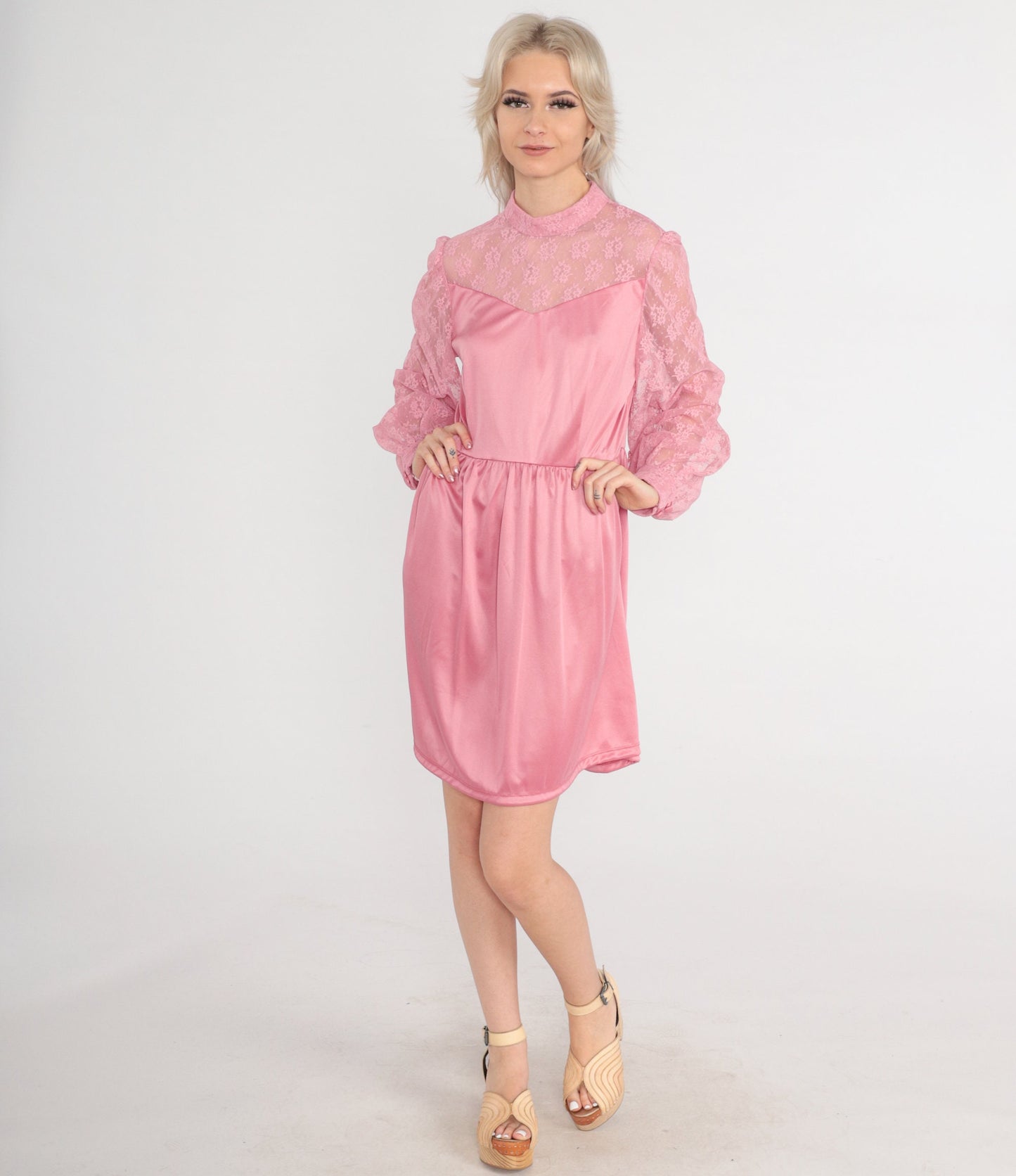70s Pink Mini Dress Lace Neckline High Waist Long Sleeve Medium