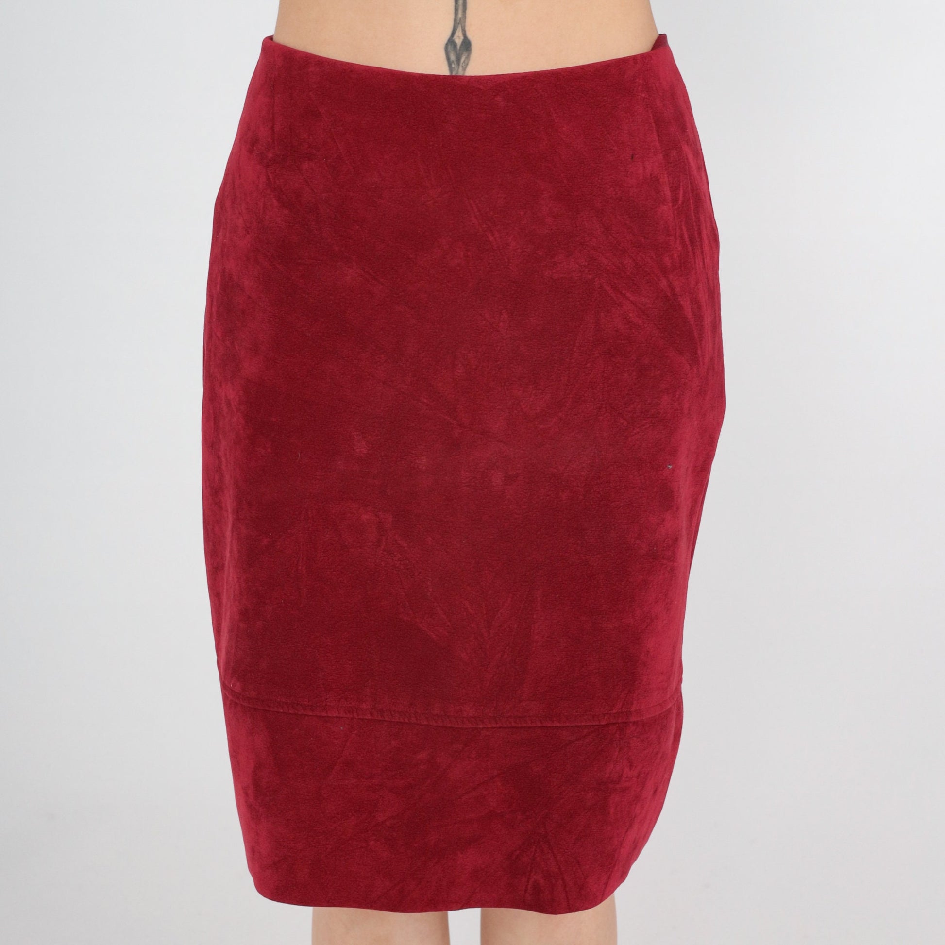 90s Papaya Red Faux Suede Pencil Skirt High Waist Midi Small