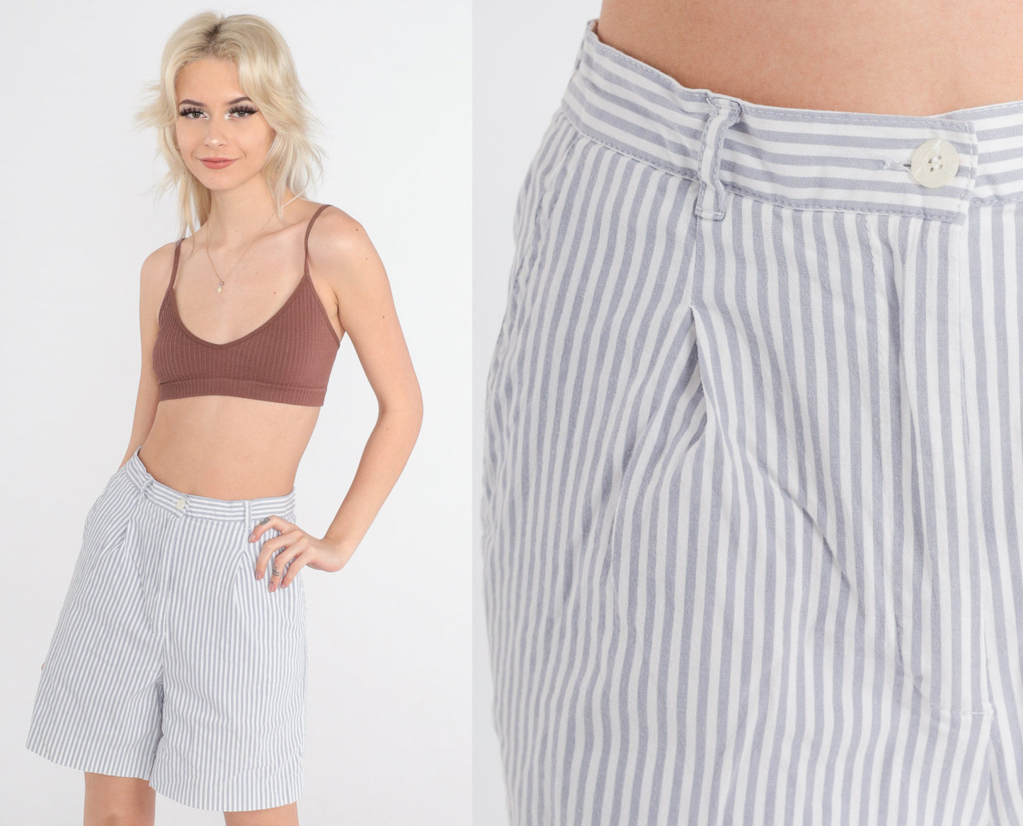 90s Striped Pleated High-Waist Shorts White Grey Pinstripe Small