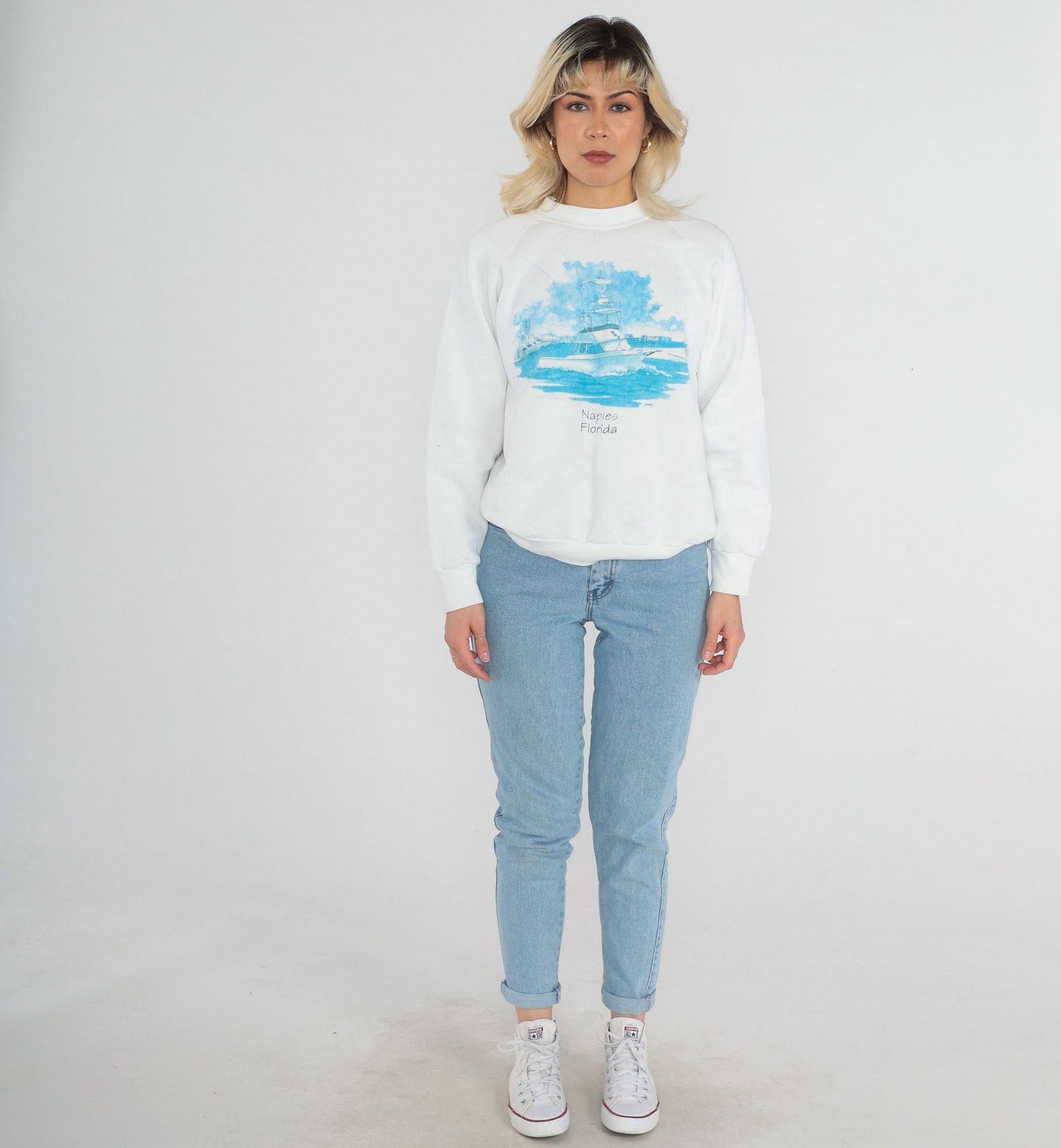 90s Naples Florida Boat Sweatshirt White Raglan Graphic Crewneck Medium Large