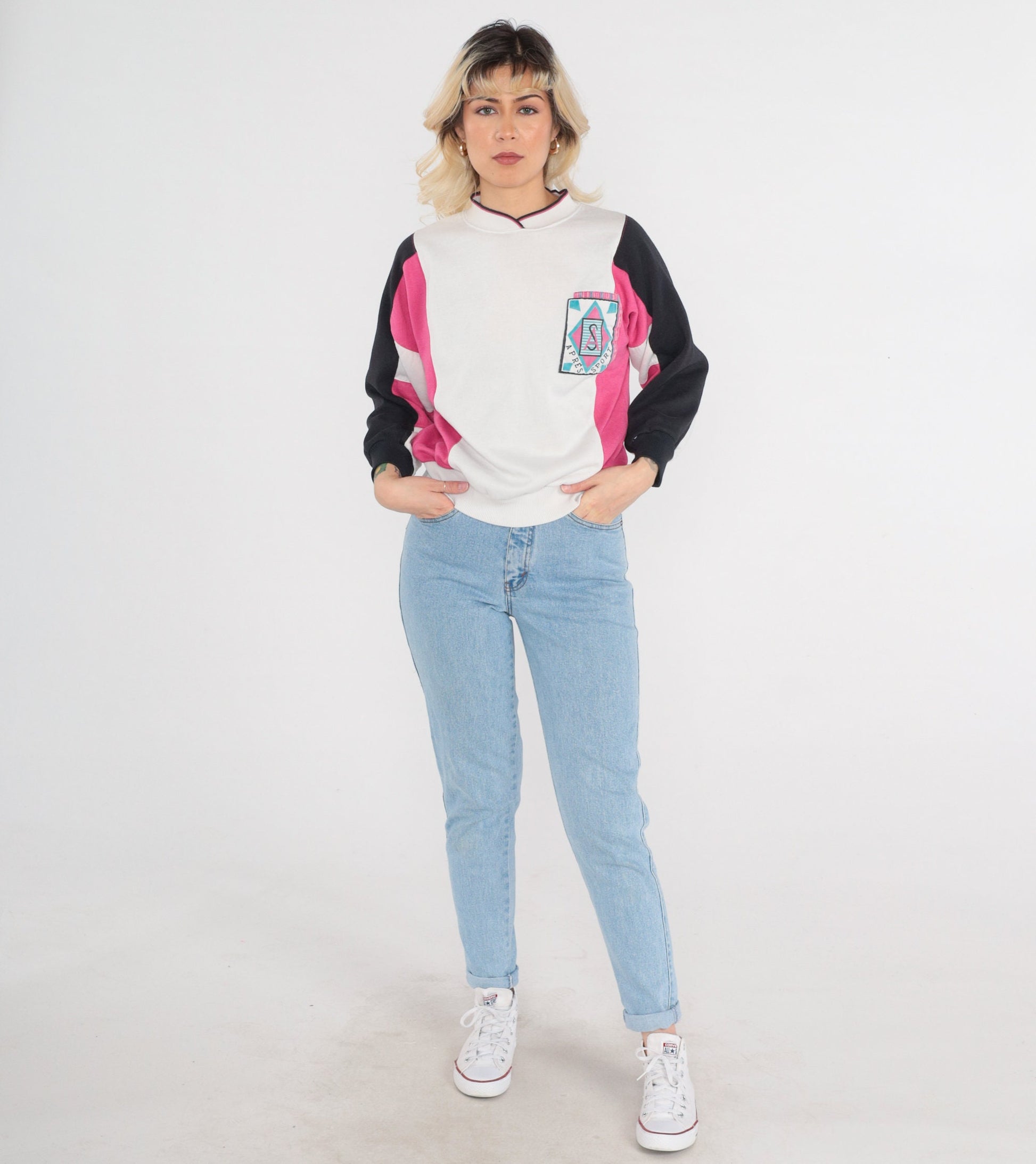 90s Apres Sport Color Block Sweatshirt White Pink Black Crewneck Small