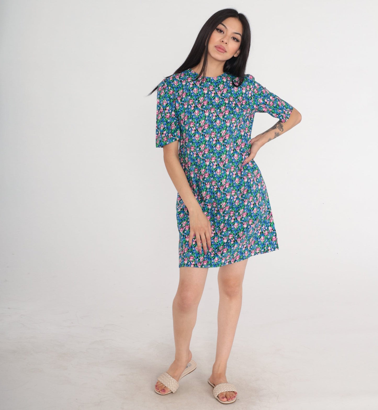 80s Iris Floral Mini Dress Short Sleeve Shift Green Blue Pink Small