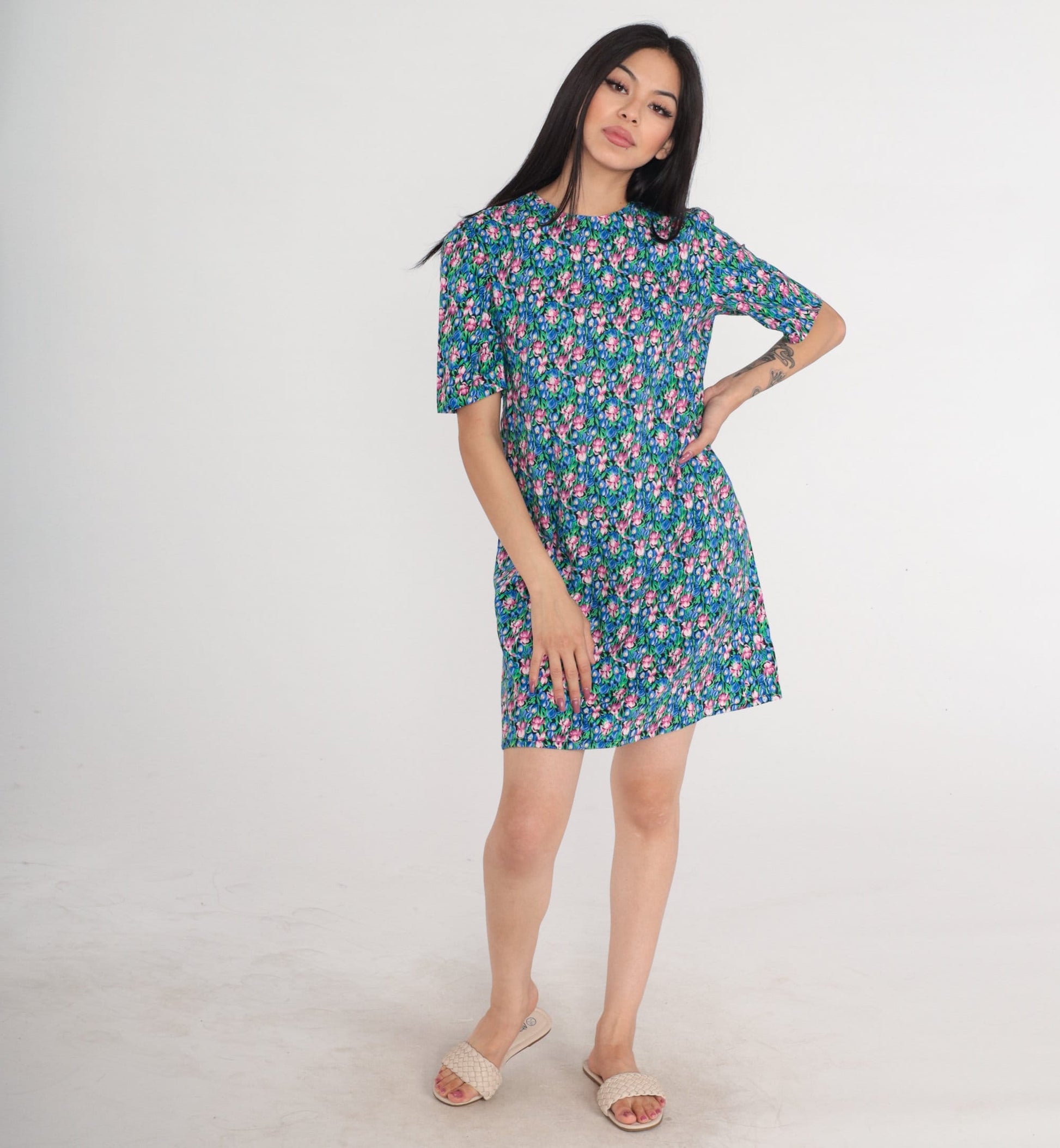 80s Iris Floral Mini Dress Short Sleeve Shift Green Blue Pink Small