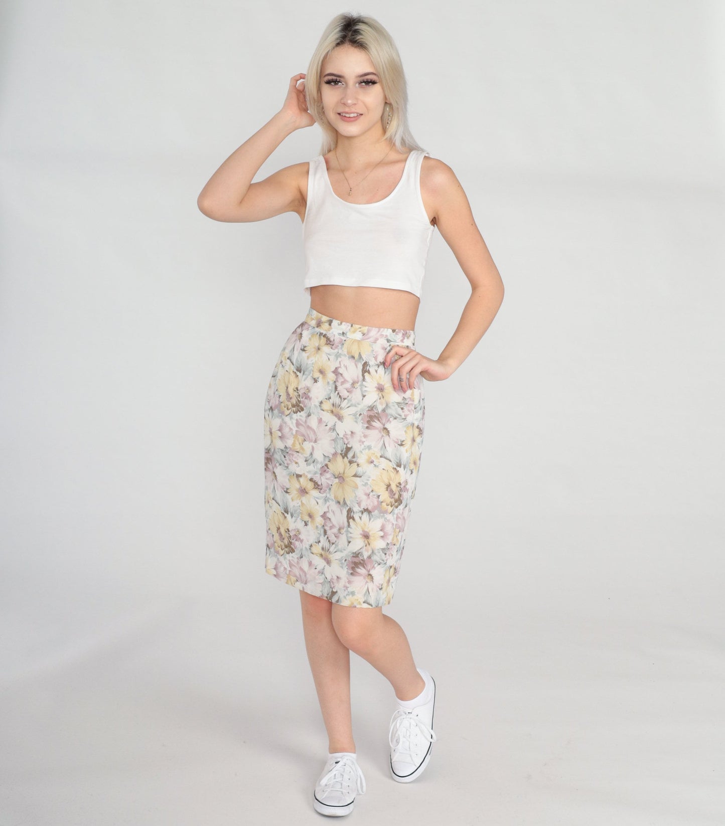 80s Floral Pencil Skirt High Waisted Knee Length Extra Small