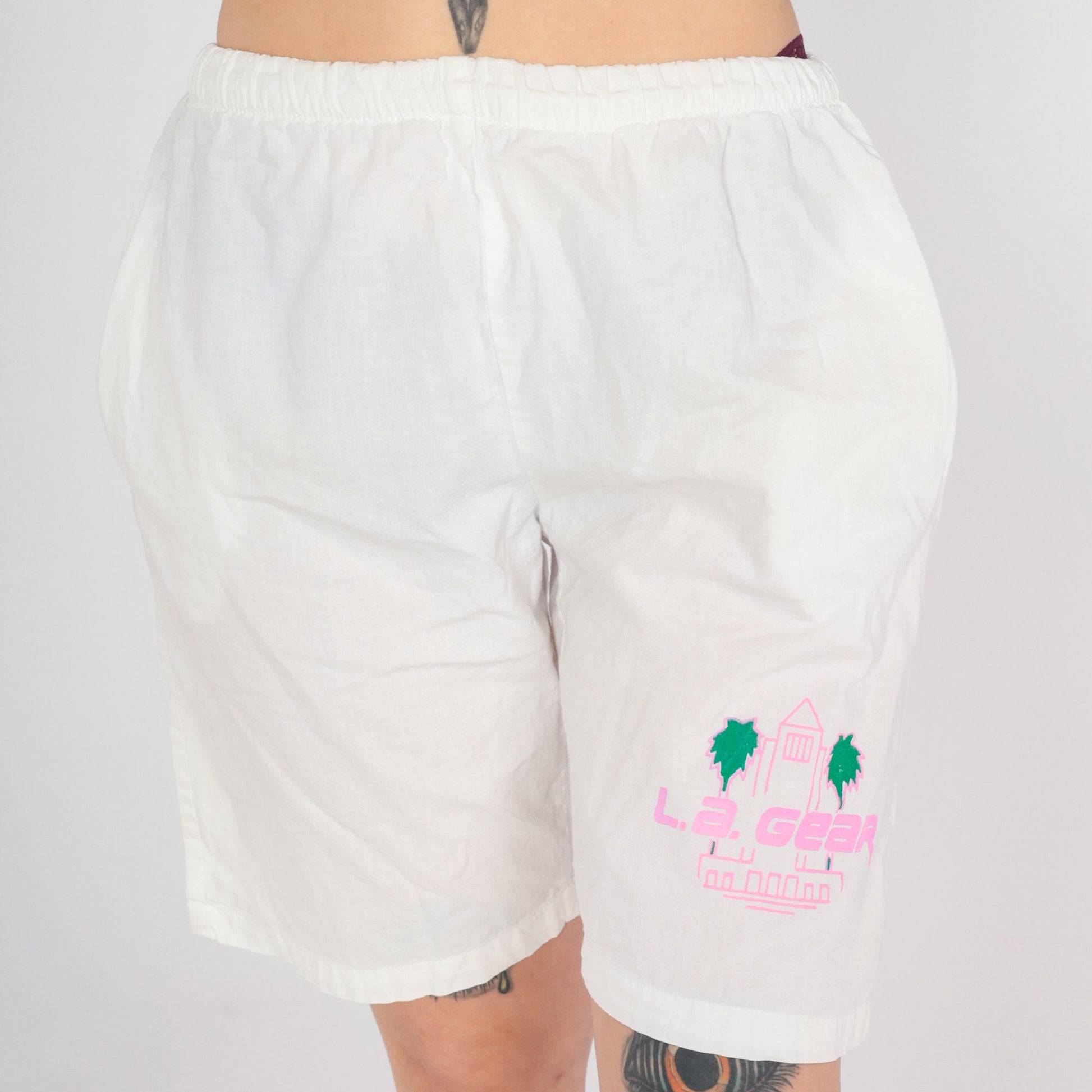 90s LA Gear White Neon Palm Tree Shorts High Waist Medium Large