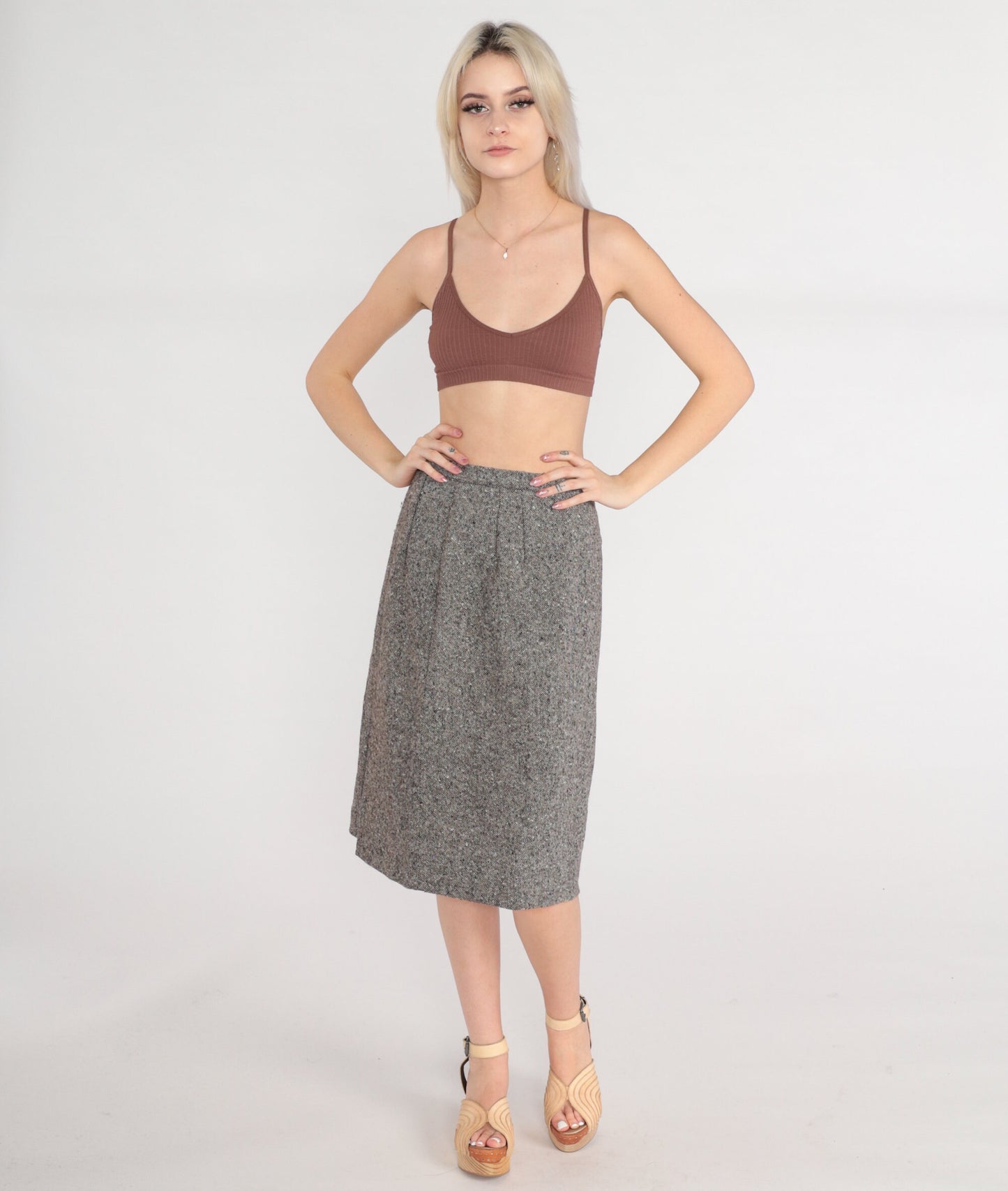 70s Grey Wool Midi Skirt High Waisted Pencil Small S
